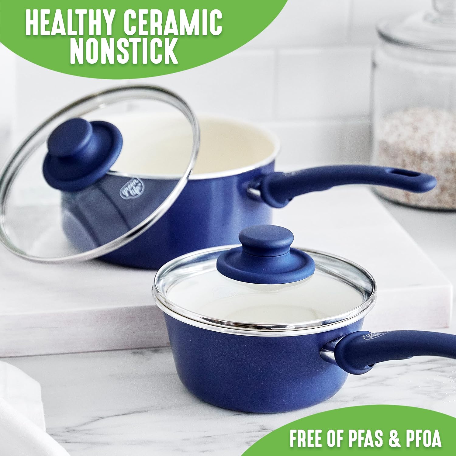 GreenLife Soft Grip 1QT and 2QT Saucepan Set, Healthy Ceramic Nonstick, Non Toxic PFAS & PFOA-Free, Dishwasher Safe, Glass Lids, Stay-Cool Handles, Easy Clean Cookware, Kitchen Essentials, Turquoise