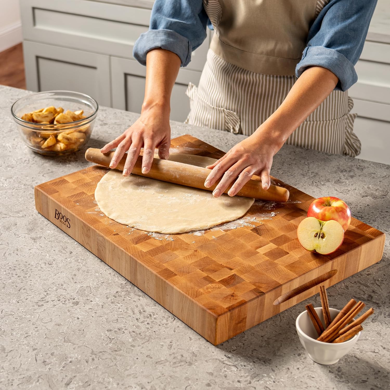 John Boos CCB Series Square Wooden Maple Cutting Board 18”x18” – 2.25” Thick, 22-lb Reversible Butcher Block with End-Grain & Finger Grips – Made in the USA