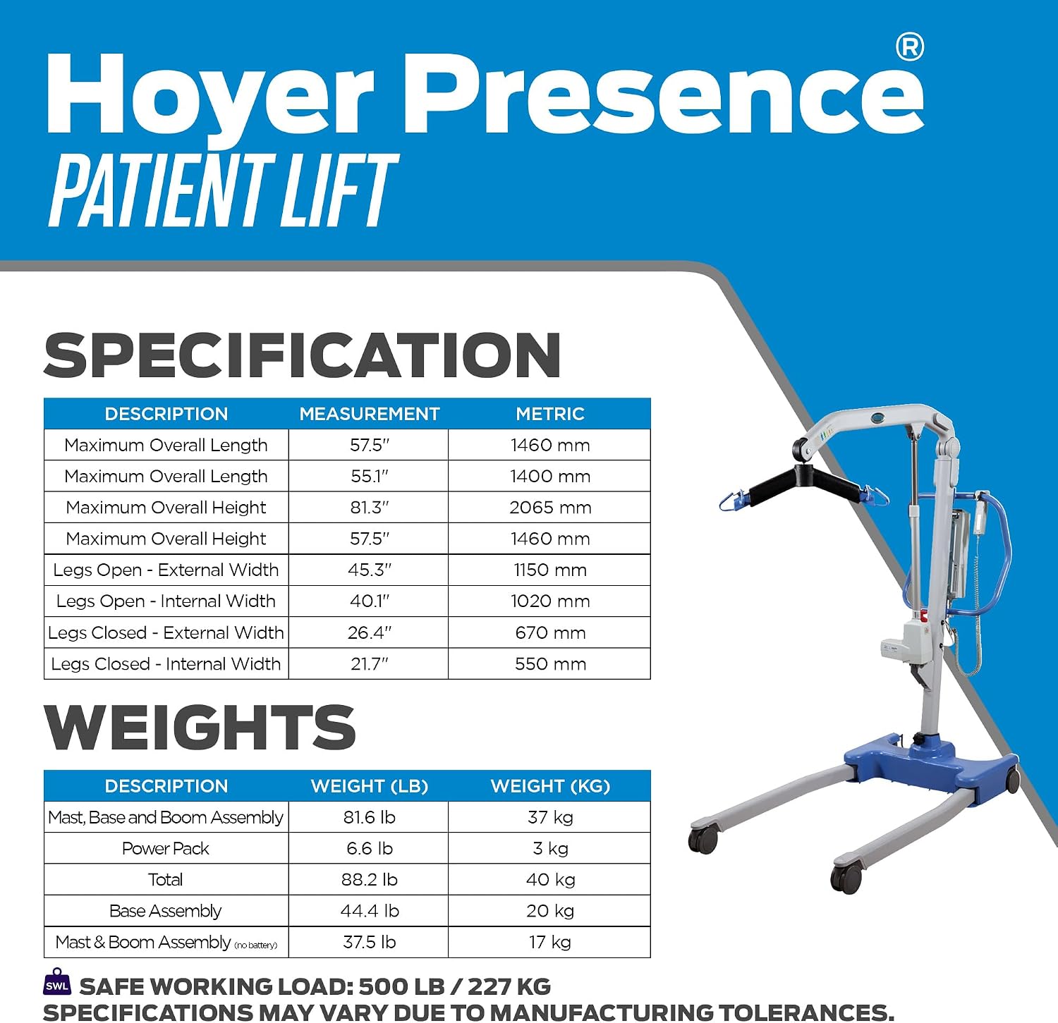 Joerns Hoyer Presence Patient Lift, 500 lbs Capacity, Power Operated Base, 6-Point Cradle, Smart Monitor Technology