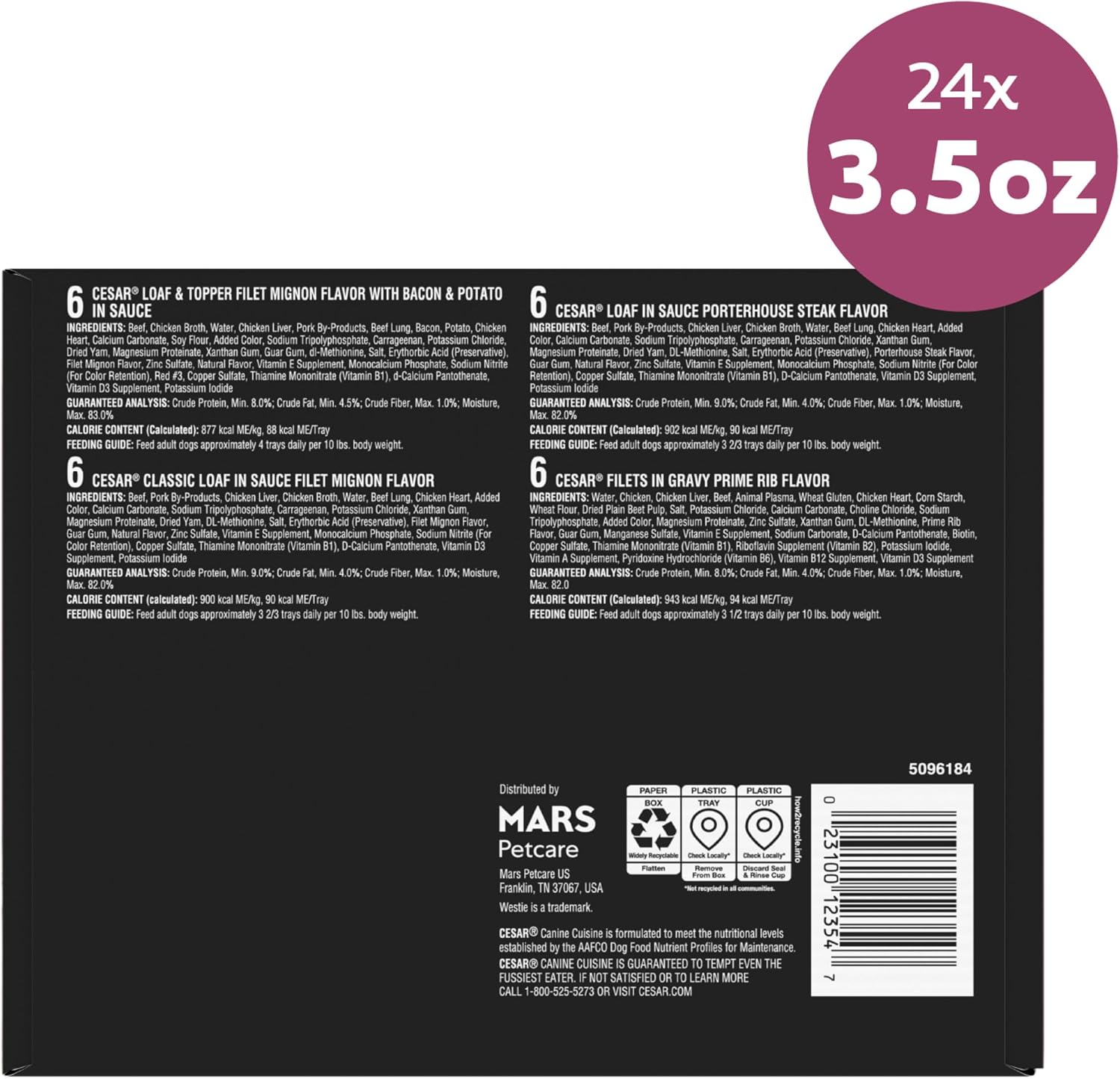 Cesar Wet Dog Food, Steak Lovers Variety Pack, 3.5 oz, 36 Count | Real meat #1 ingredient, easy peel trays, 100% complete & balanced, no fillers, no added sugar, no artificial flavors