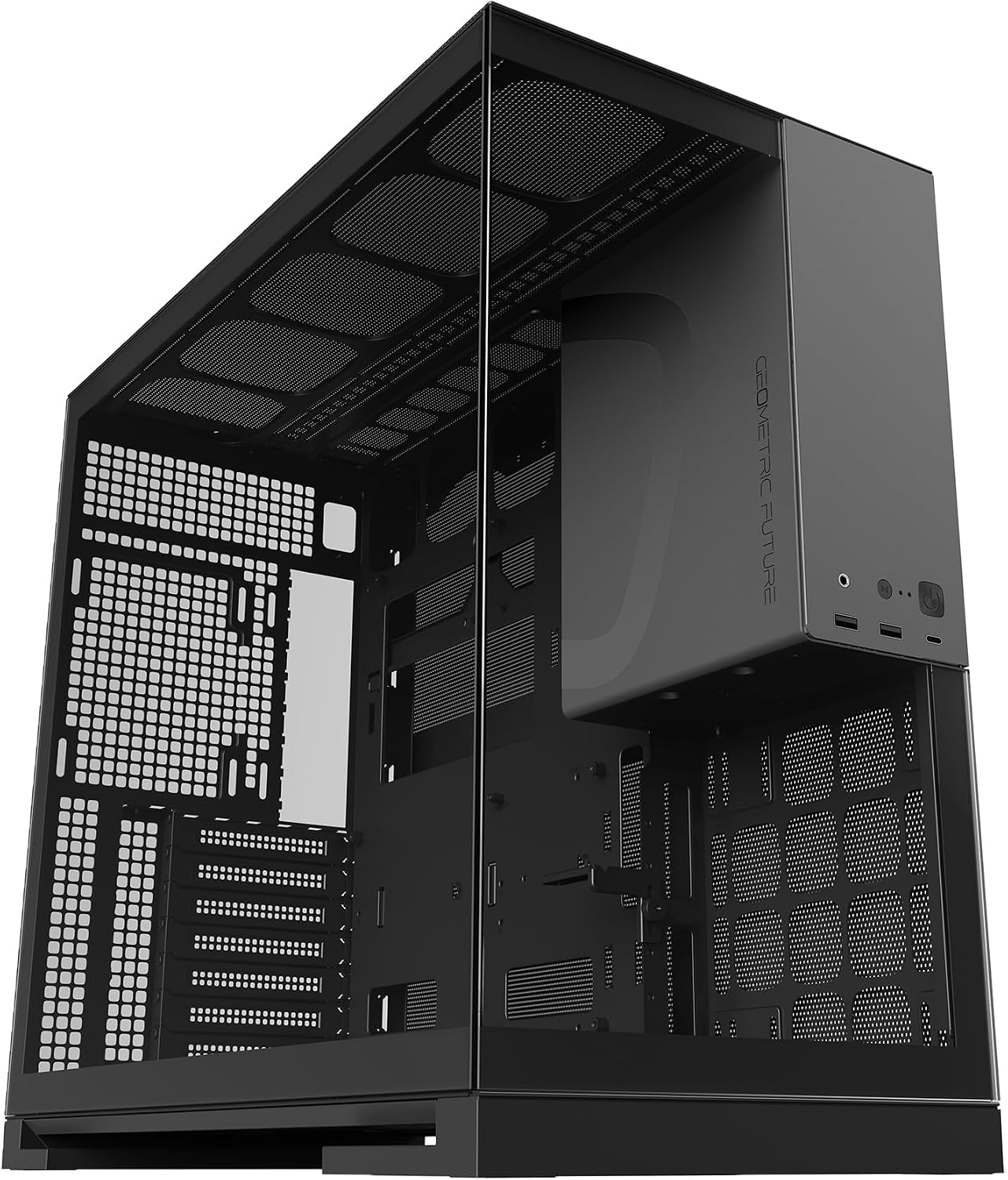 Geometric Future M5 Tempered Glass Mid Tower, E-ATX/ATX Gaming Case, 1.2mm Steel, Type C, Toolless Panels, Support 420/360 Radiator, ARGB PWM 140m Fan x 5 Pre-Installed, Black/Yellow, GEO-M5F-BY
