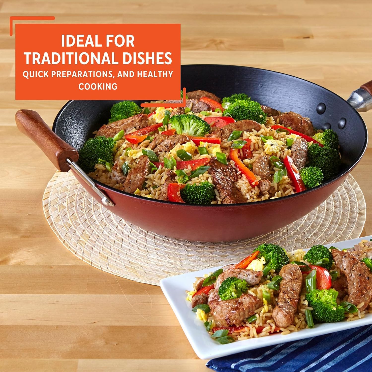 IMUSA USA GKG-61021 Light Cast Iron Wok, 14", Red Handles | Ideal for Stir-Frying and Deep Frying, Great for Everyday Cooking