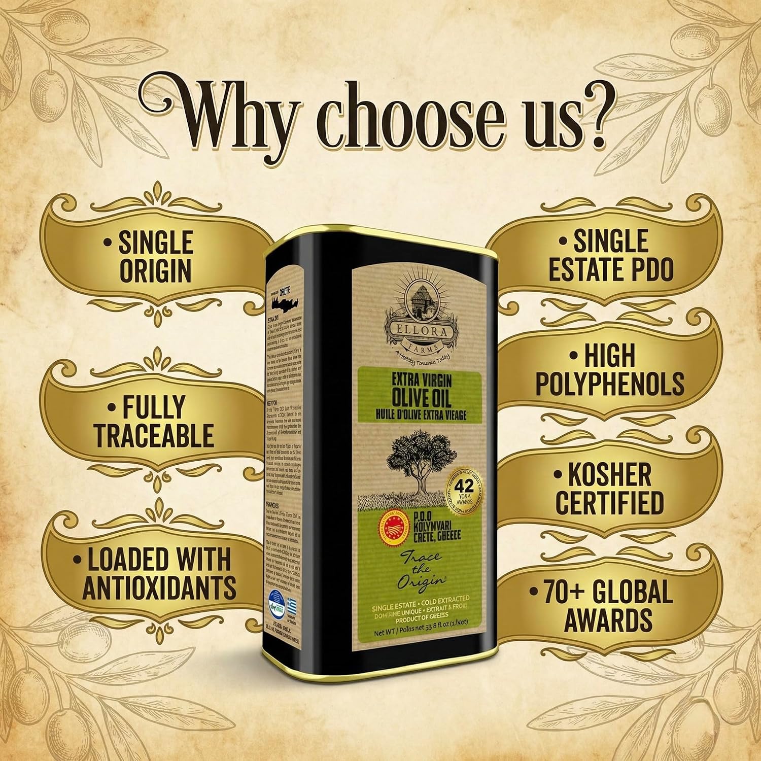 Ellora Farms Olive Oil Extra Virgin, Traceable & Certified PDO Polyphenol Rich Extra Virgin Olive Oil Cold Pressed, Global Gold Awards, Kosher, Single Origin from Crete, Greece 33.8 Fl oz, Pack of 2