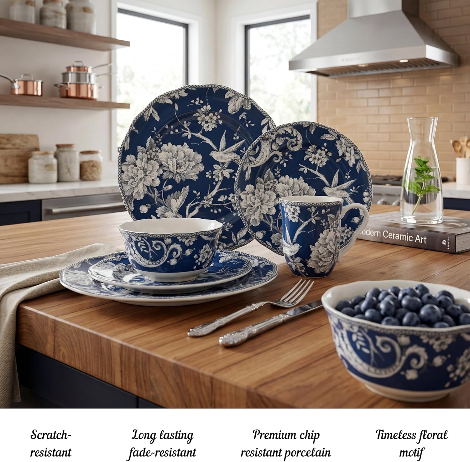 222 Fifth Adelaide 16-Piece Black Porcelain Dinnerware Set – Service for 4, Featuring Hand-Applied Romantic Woodland Bird Design