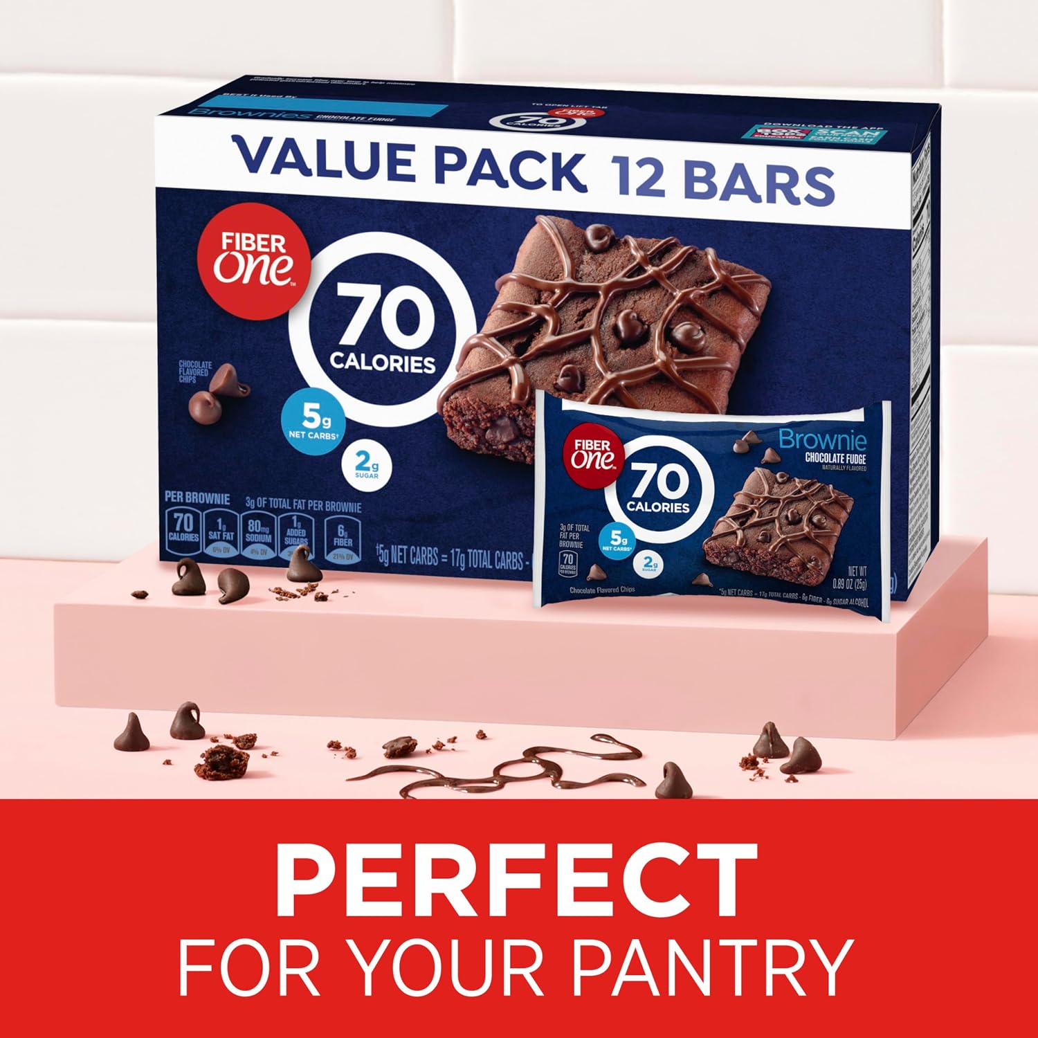 Fiber One 70 Calorie Chocolate Fudge Brownies, Mega Pack, 18 ct, 16 oz | 26% Daily Value of Fiber per Bar, 70 Calories & 2g Sugar, 5g Net Carbs, Bulk Pack for Office or Pantry Stocking