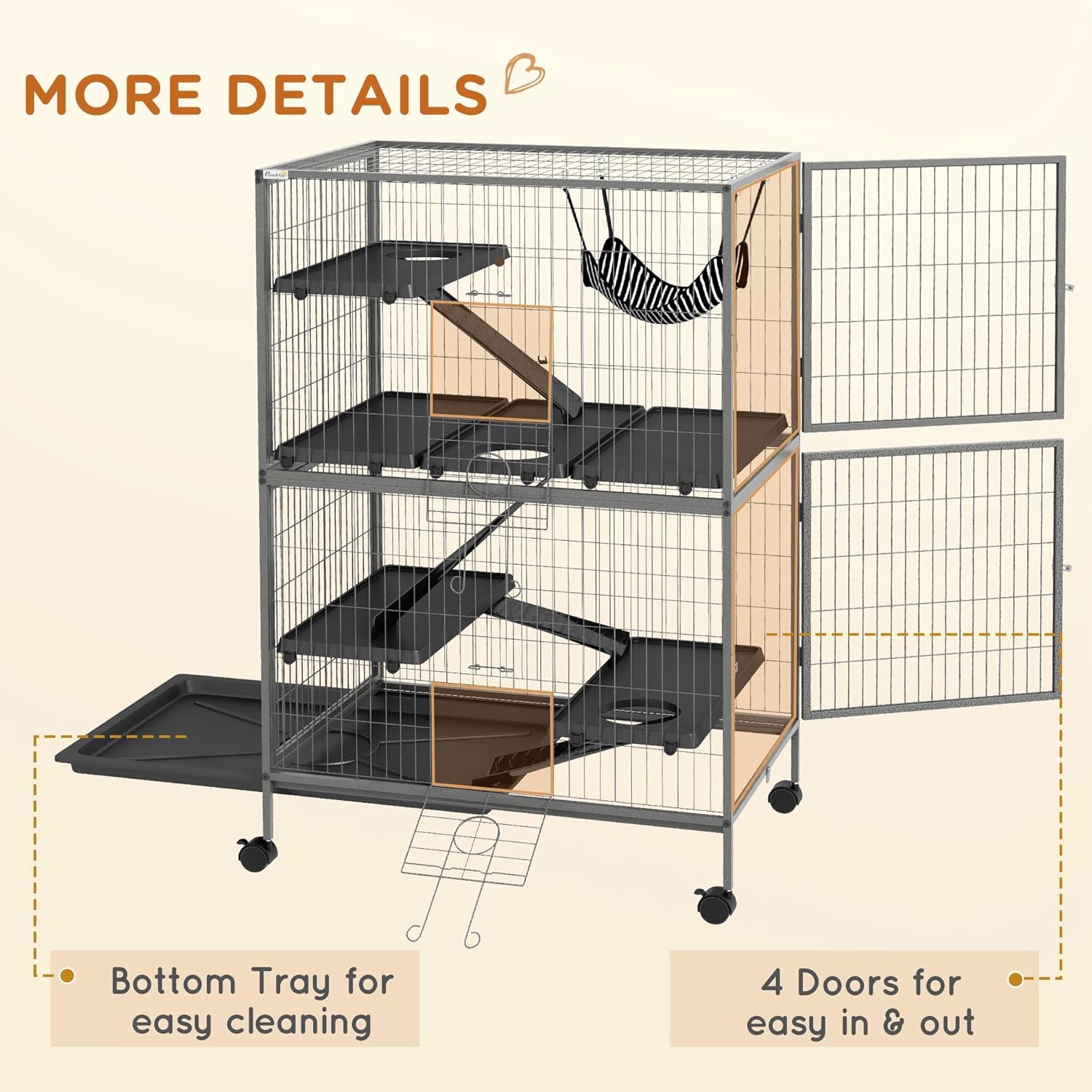 PawHut Metal Small Animal Cage, 4-Tiers Rolling Big Ferret Cage, Gray