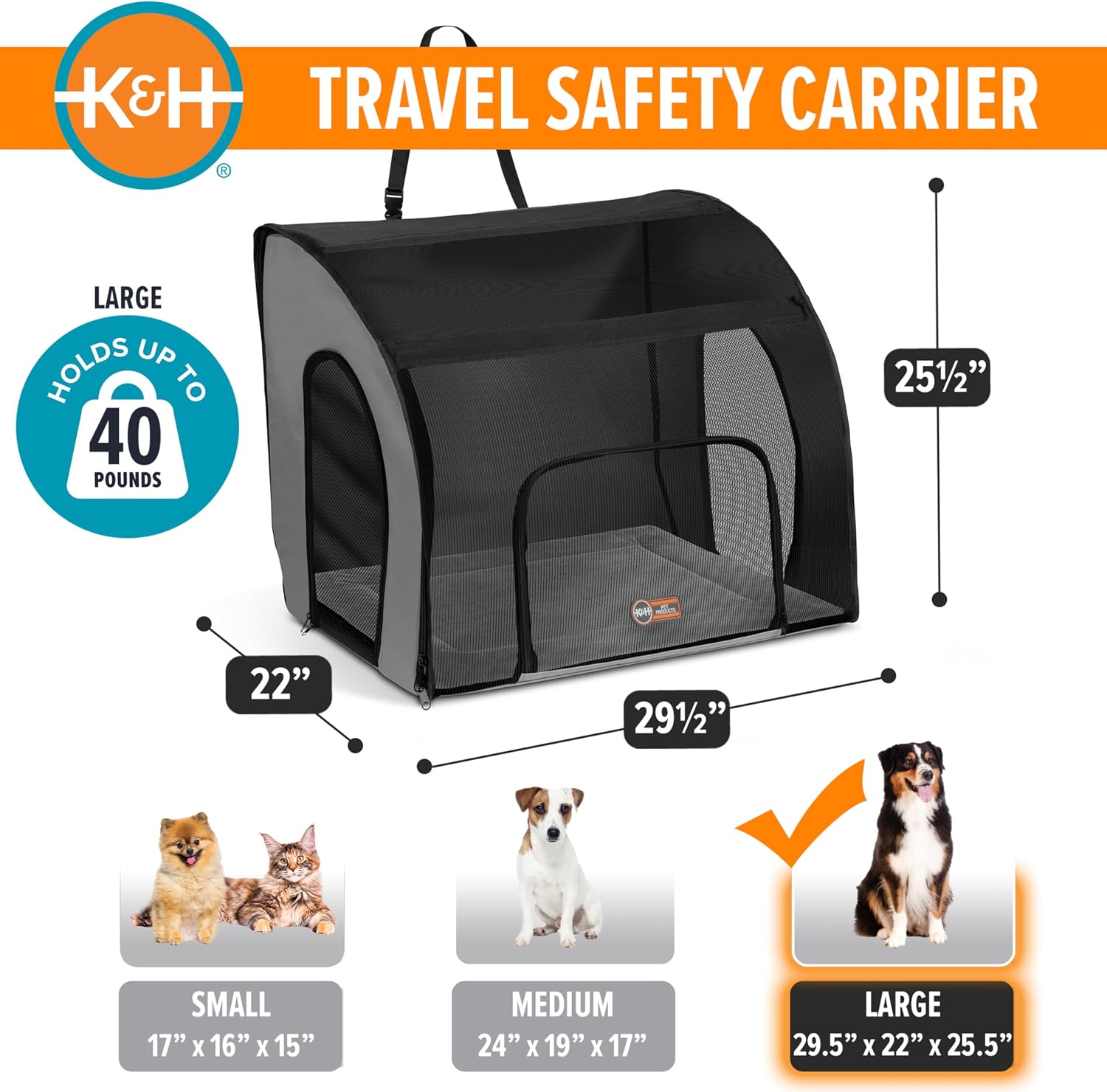 K&H Dog Car Seat, Travel Safety Carrier for Pets, Medium, Gray/Black | Enclosed Car Seat for Dogs, Soft-Sided Covered Pet Carrier, Washable Pad, Multiple Entrances, Mesh Windows, 24x19x17in