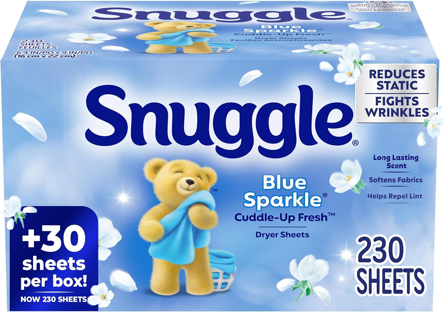Snuggle Dryer Sheets, Blue Sparkle , 230 Count | Long-Lasting Fresh Scent, Reduces Static and Wrinkles, Repels Pet Hair and Lint, HE Dryer Compatible