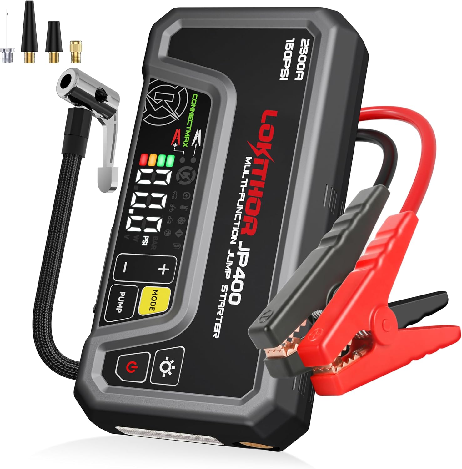 LOKITHOR JP400 Jump Starter with Air Compressor for 8.5L Gas/6.5L Diesel | 2500A 12V Portable Jumper Starter for Car, 150PSI Tire Inflator, 300 Lumen LED Light, Power Bank, ConnectMax, Jumper Cables