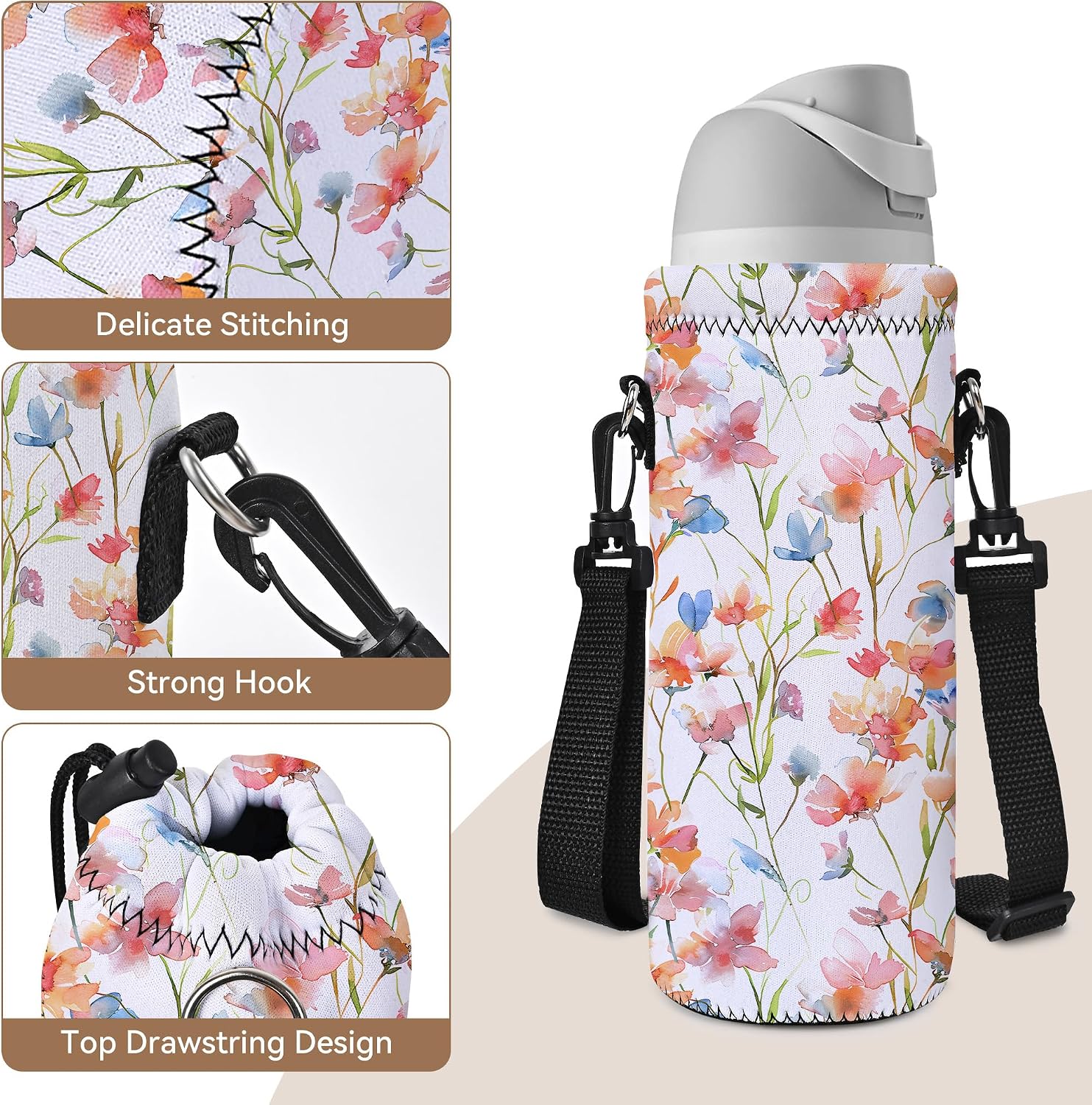 RICHEN Neoprene Water Bottle Carrier Bag with Adjustable Shoulder Strap,Insulated Water Bottle Cover for Stainless Steel/Glass/Plastic Bottles