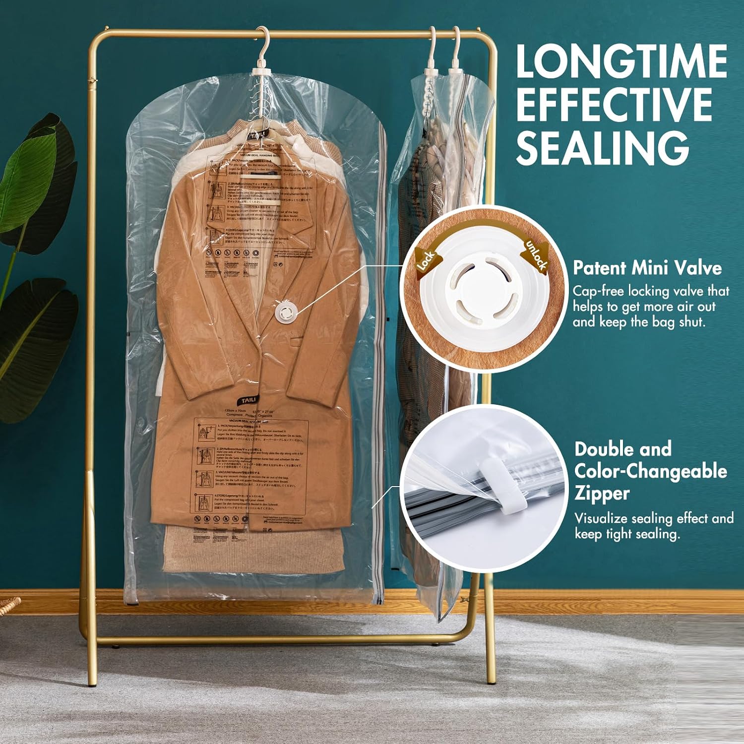 TAILI Hanging Vacuum Storage Bags, Space Save Vacuum seal bags for Clothing Travel, Suits and Jackets, Winter Coat Storage Closet Organizers, Set of 4 (2 Long, 2 Short), Clear