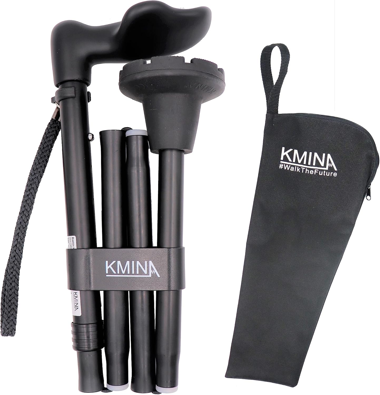 KMINA Folding Walking Cane for Women and Men, Palm Grip, Right Hand, Black