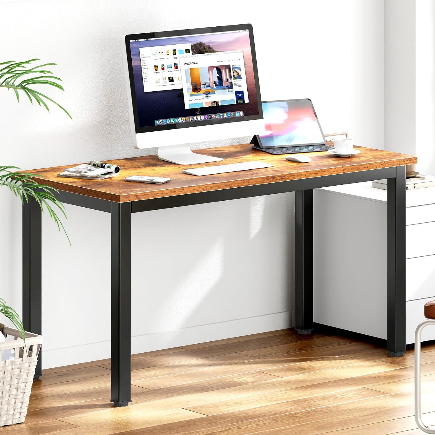DlandHome 47 inches Medium Computer Desk for Bedroom, Retro