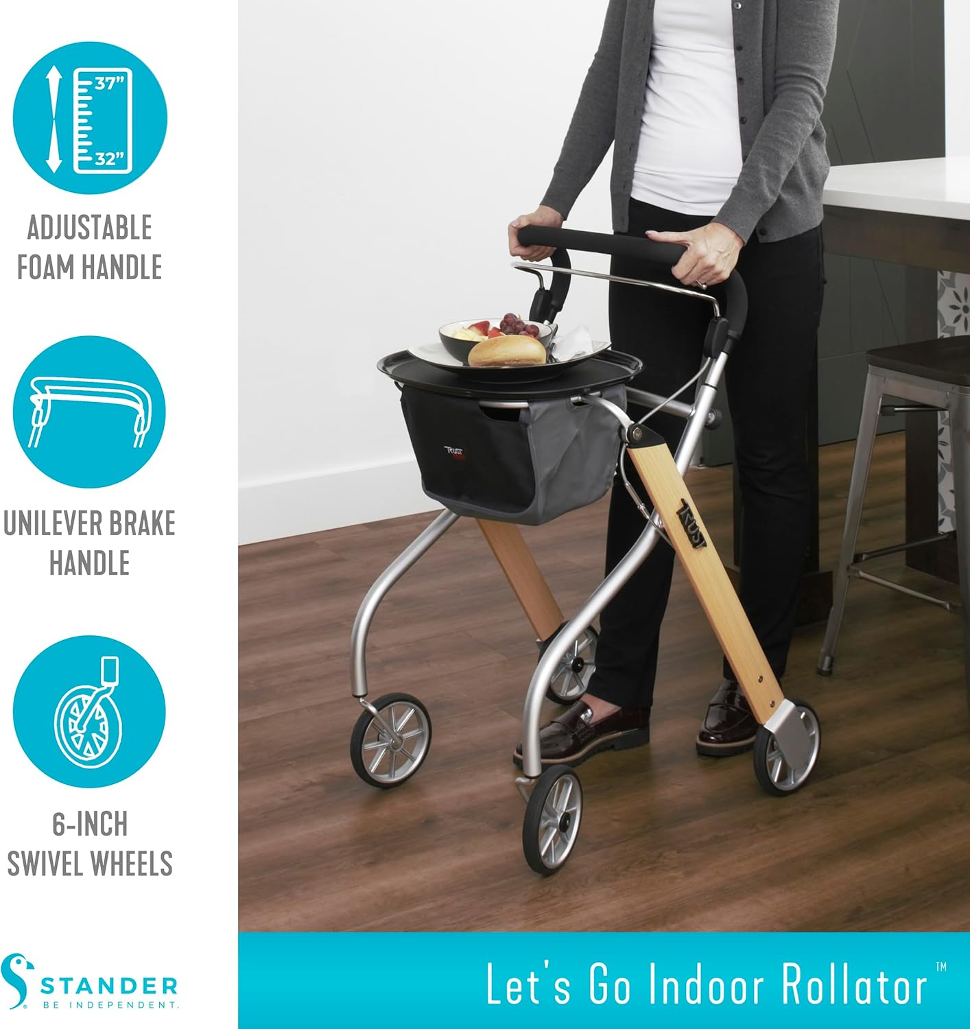 Stander Let’s Go Indoor Rollator, Lightweight Four Wheel Euro Style Walker with Tray, Folding Mobility Aid for Seniors by Trust Care, Silver