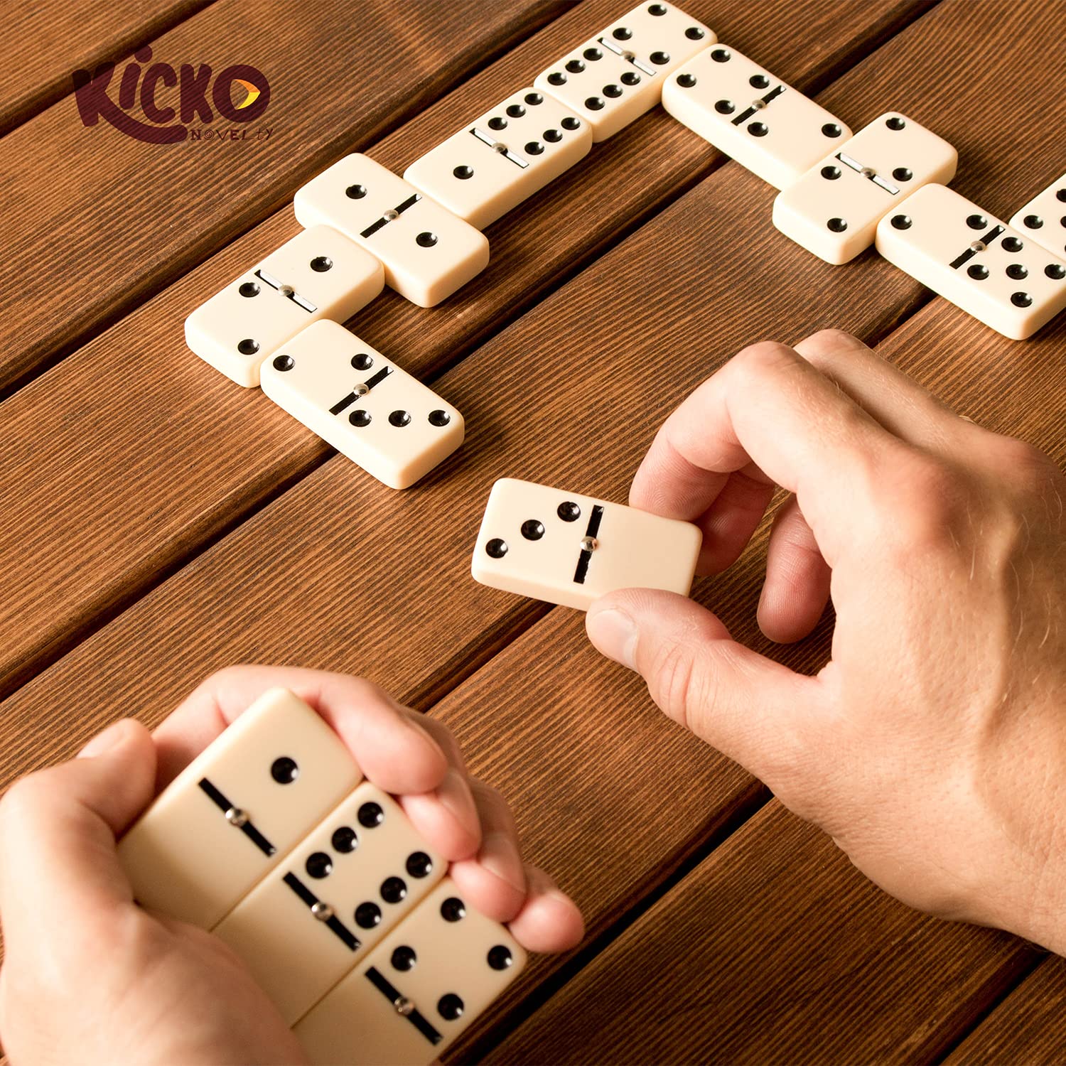 Kicko Domino Set - 28 Pieces Double Six Classic Dominoes in Durable Wooden Brown Box - Fun Mini Board Game for 2-4 Players - Ideal for Boys, Girls, Adults - Family Game Night and Vintage Party Games