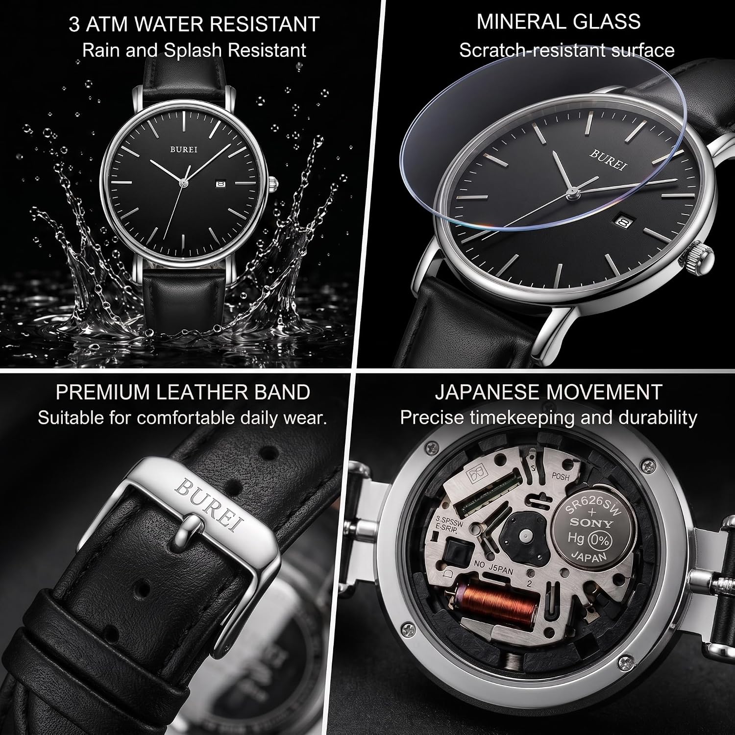 BUREI Men Wrist Watches Fashion Minimalist Thin Analog Quartz Waterproof Watches for Men, Refined Gifts for Men, Boyfriend, Husband, Dad