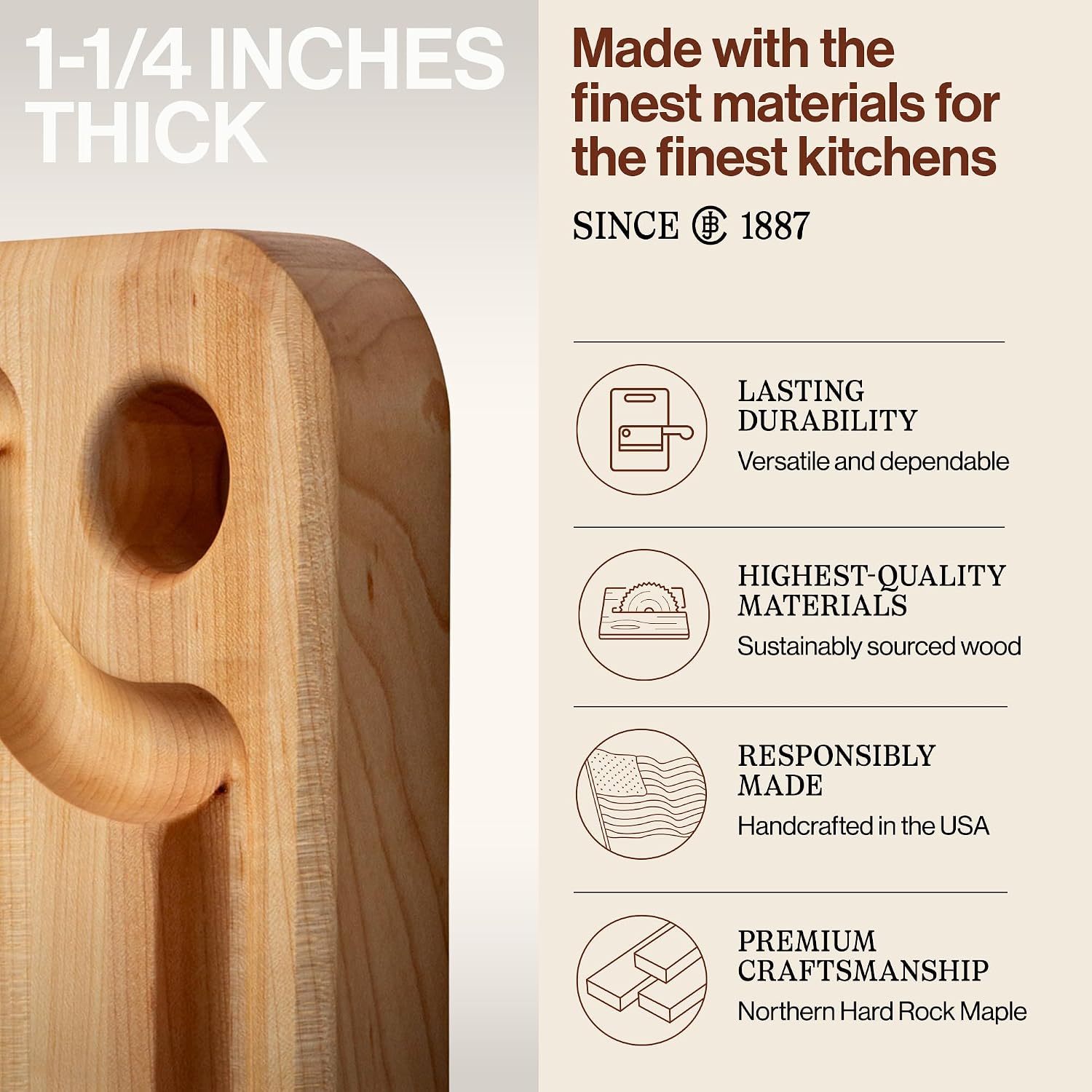 John Boos Prestige Series Rectangular Wooden Maple Cutting Board 16”x10” – 1.25” Thick, 6-lb Reversible Butcher Block with Juice Groove, Edge-Grain & Finger Grip Hole – Made in the USA | 1.25” Thick, 6-lb Butcher Block with Juice Groove, Edge-Grain & Fin…