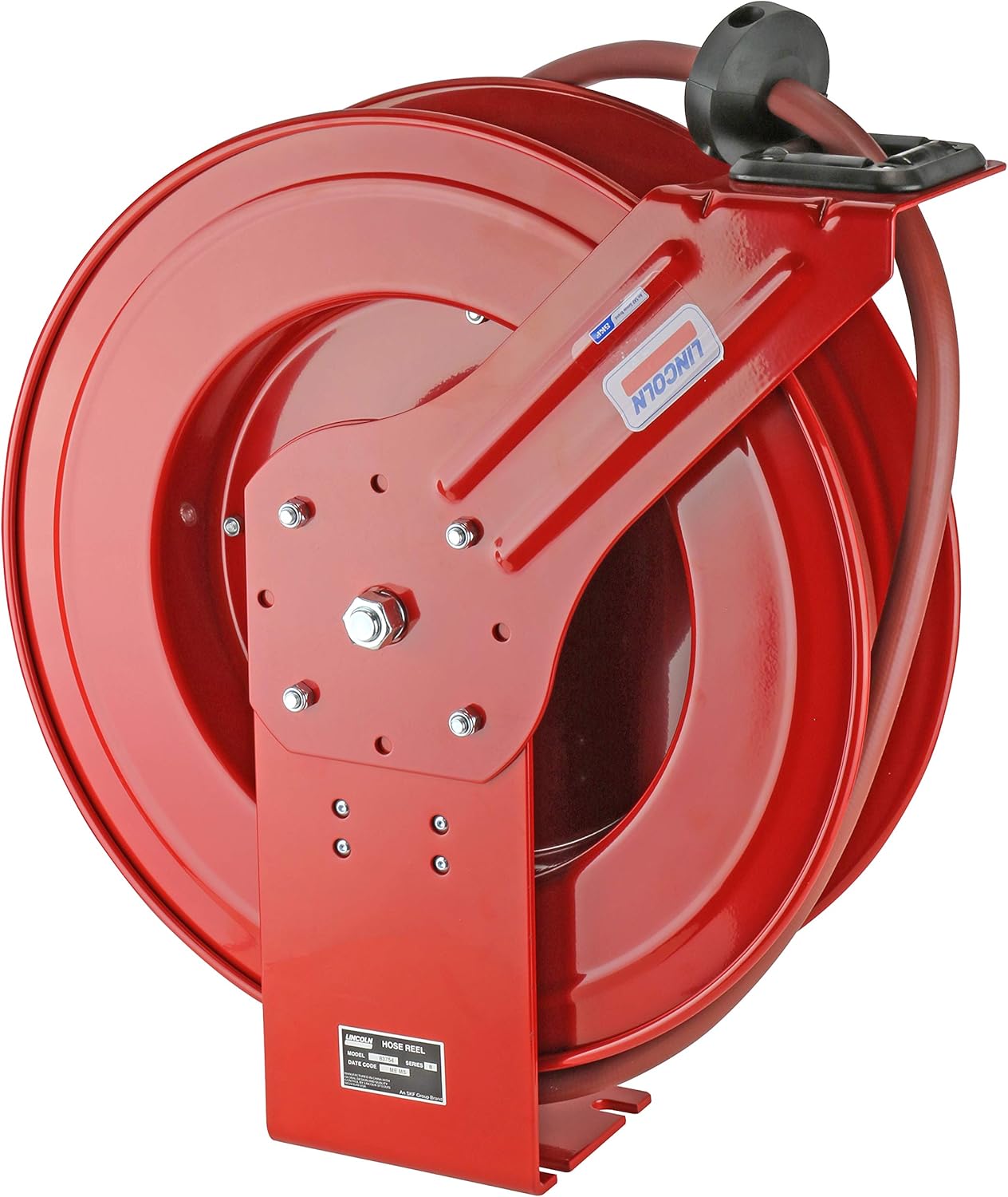 Lincoln 83753 Value Series Air/Water Retractable Hose Reel with 50' x 3/8" Rubber Air Hose, 1/4" NPT, 300 PSI, Slotted Mounting Base