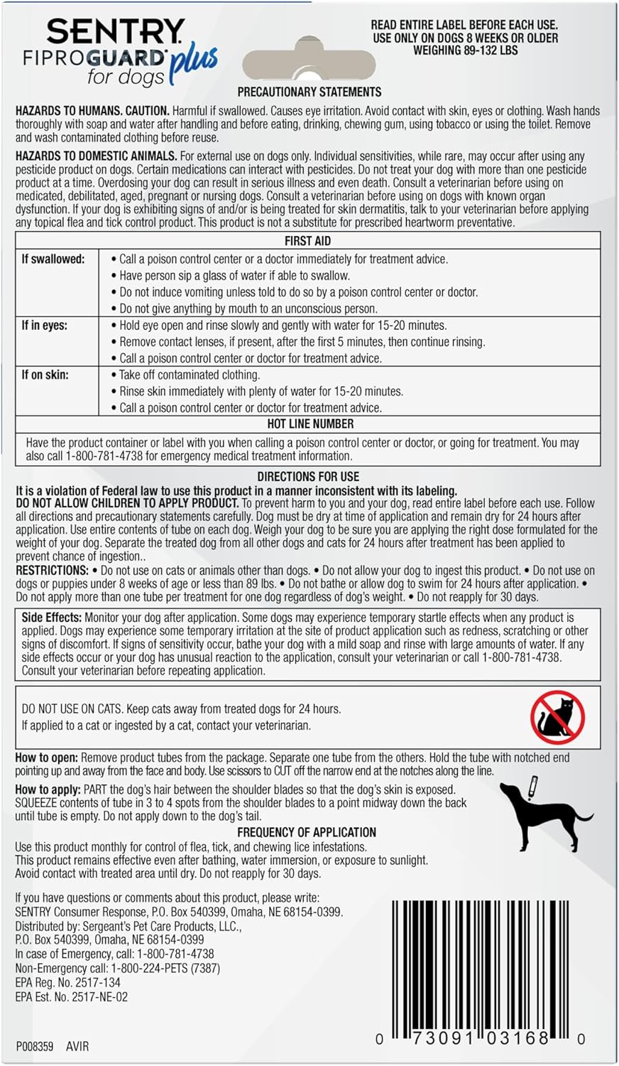 Sentry Fiproguard for Dogs, Flea and Tick Prevention for Dogs (23-44 Pounds), Includes 3 Month Supply of Topical Flea Treatments | Ideal for Medium Dogs 23-44 lbs; Kills Fleas, Ticks & Chewing Lice for 30 Days; 8 weeks+; Vet-Quality OTC Formula