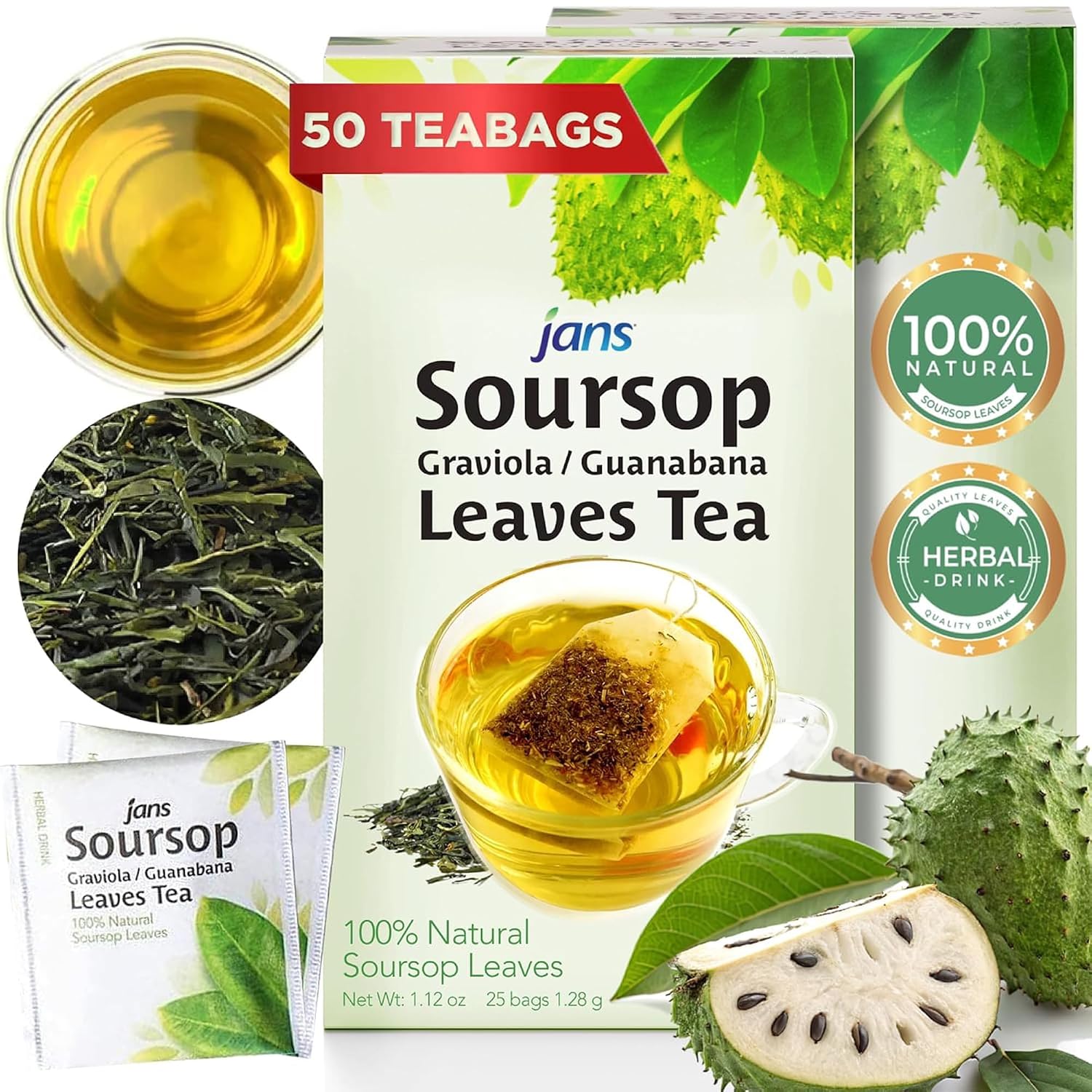 Jans Soursop Tea Bags 25 Count | 100% Natural Soursop Leaves | Caffeine Free Sour Sop Tea | Vegan Herbal Tea | Individually Wrapped Tea Bags | Cholesterol Free Sugar Free Relaxation Beverage