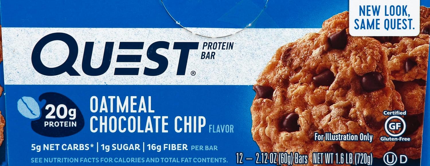 Quest Nutrition Oatmeal Chocolate Chip Protein Bars, 20g Protein, 12 Count | 12g Fiber, 5g Net Carbs, 1g Sugar, Gluten Free, High Quality Protein, Soft and Chewy, Individually Wrapped 2.12oz Bars