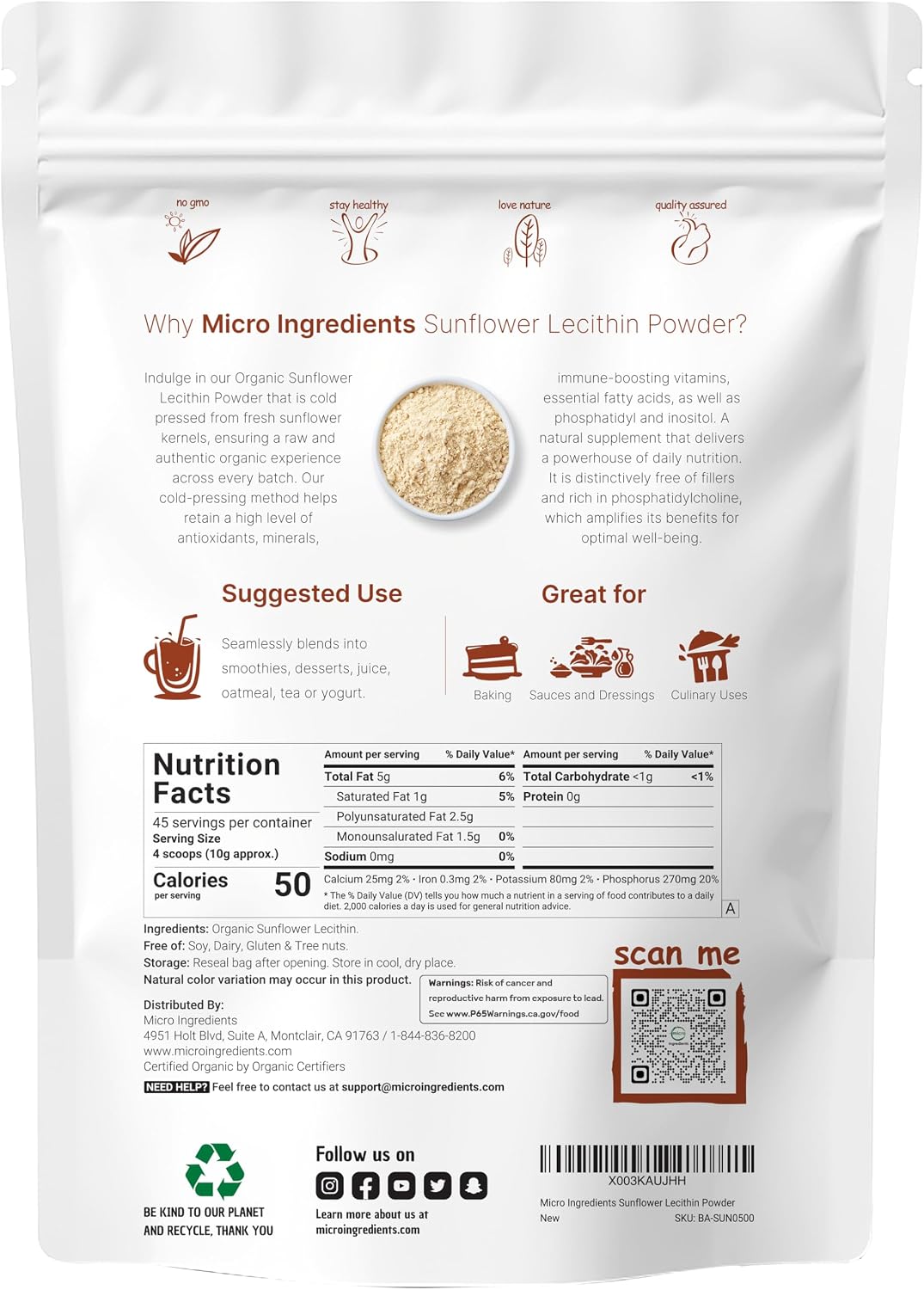 Organic Sunflower Lecithin Powder, 1 Pound, Sustainable Farmed, Cold Pressed, Rich in Phosphatidyl Choline and Protein, Making Liposomal Vitamin C
