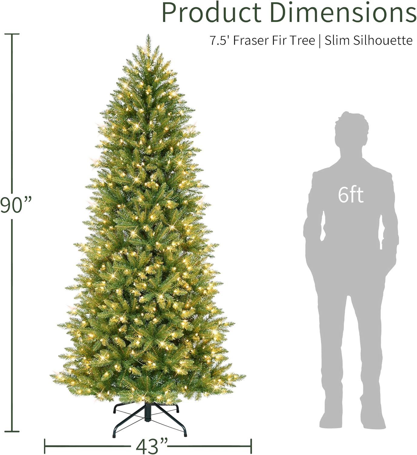 Puleo International 7.5ft Pre-Lit Slim Fraser Christmas Tree with 500 Warm White LED Lights, 1453 Realistic Dense Branch Tips, Easy Setup Artificial Trees with Sturdy Metal Stand