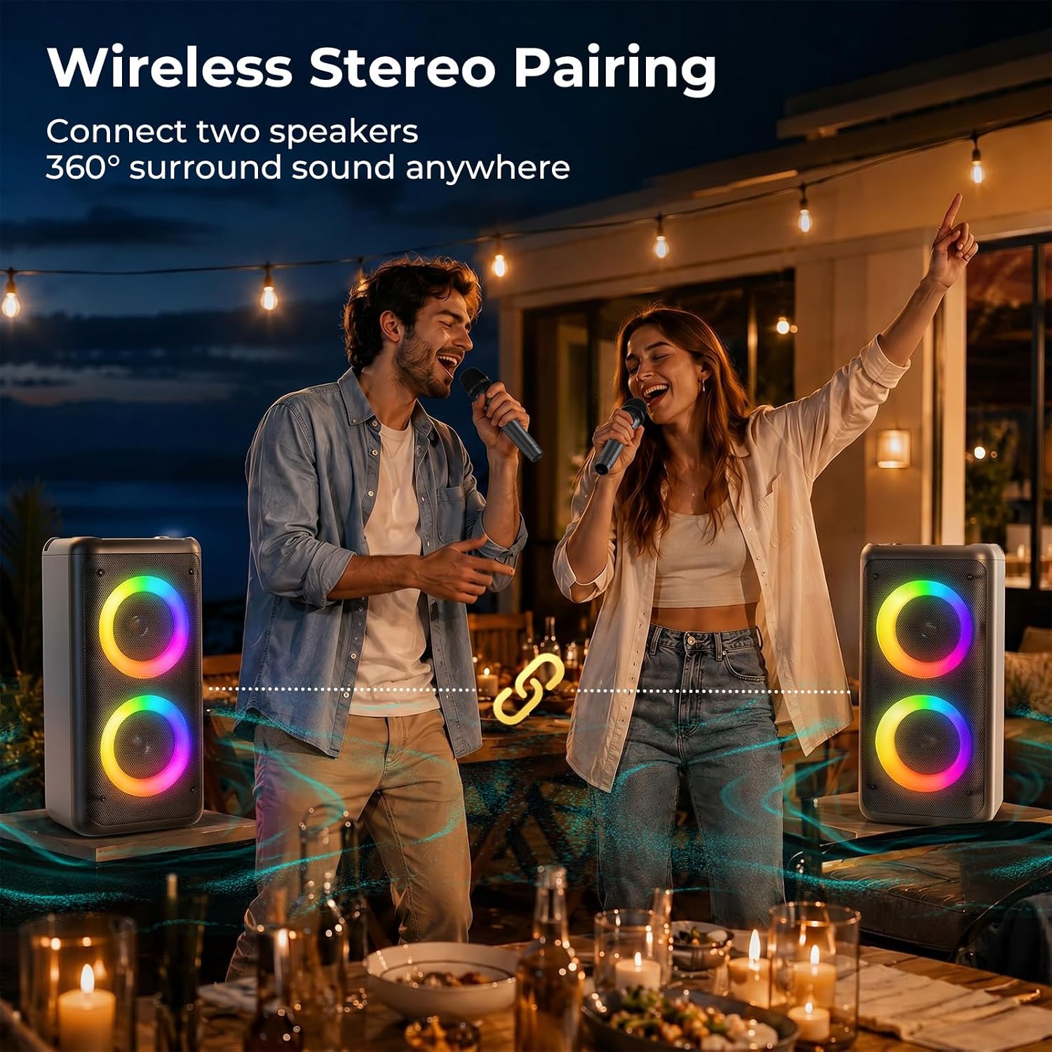Bluetooth Speaker with 2 Wireless Microphones, 30W Big Party Speaker for Adults Kid Karaoke with Lights