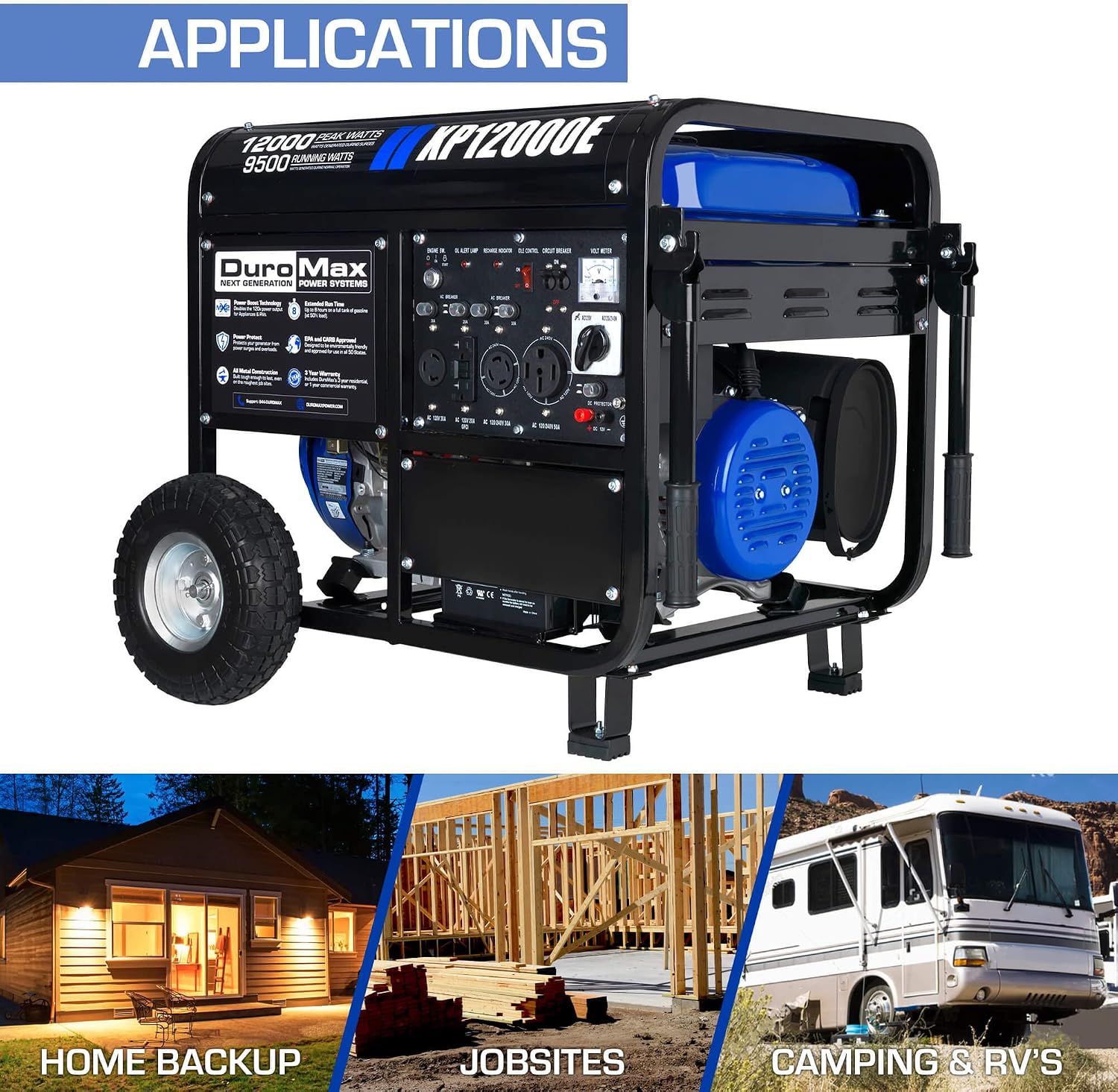 DuroMax XP12000EH 12,000-Watt Dual Fuel Portable Generator – Gas & Propane, Electric Start, Whole Home Backup Power, Transfer Switch Ready, RV & Emergency Ready