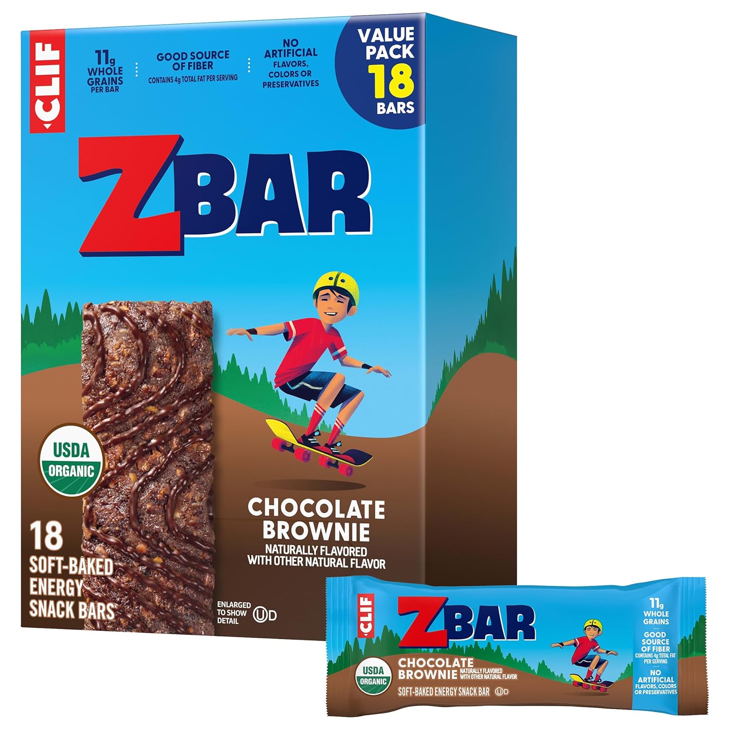 Zbar - Chocolate Brownie - Soft-Baked Energy Snack Bars - Non-GMO - 11g Whole Grains - USDA Organic Granola Bars - Snacks for Kids (18 Pack)