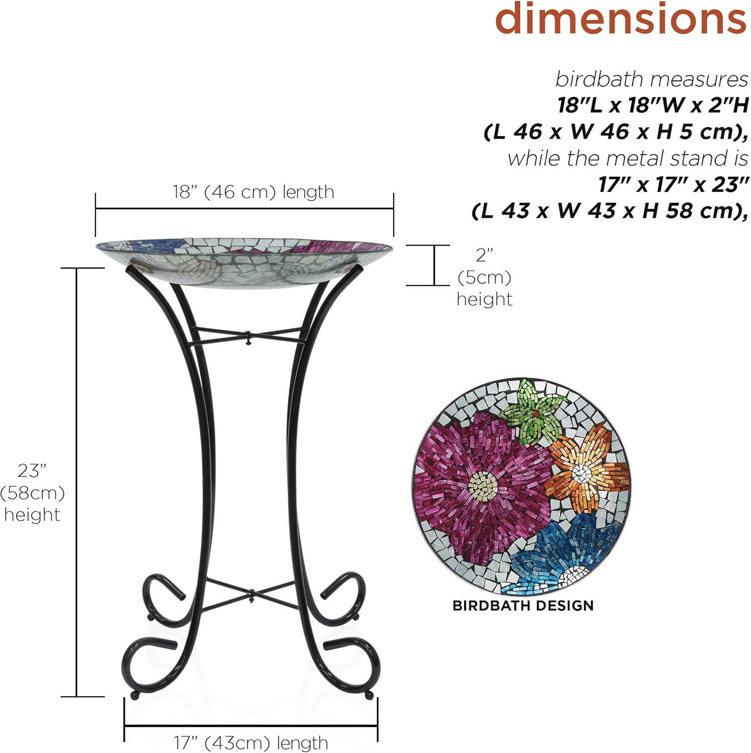 Alpine Corporation 24" Tall Outdoor Floral Mosaic Glass Birdbath with Metal Stand and Detachable 18 Inch Diameter Bowl, Garden Decor