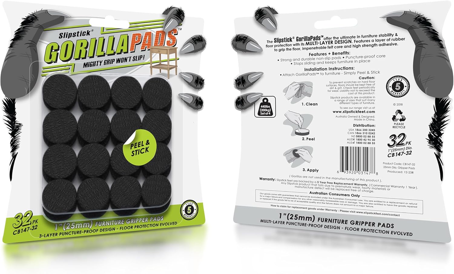 Slipstick GorillaPads CB149 Non-Slip Furniture Pads/Rubber Grippers (Set of 8) Self-Adhesive Furniture Feet Floor Protectors, 1-1/2 inch Round, Black