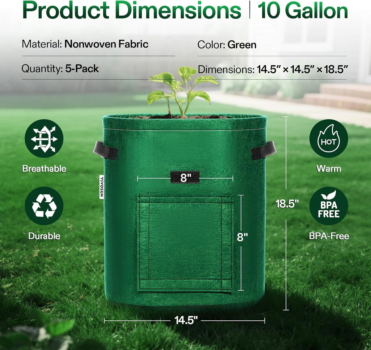 VIVOSUN 5-Pack 7 Gallon Potato Grow Bags, Roll-up Harvest Window