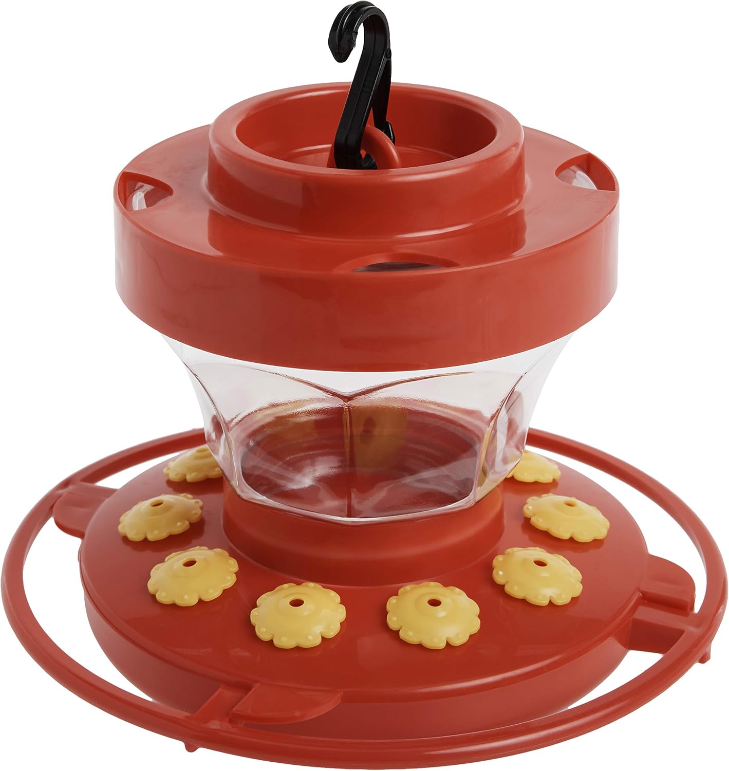 First Nature 993091-546 16 oz. Hummingbird Flower Feeder , Red | Bright Flower Ports Attract Birds - Round Bottom Perch Fits Multiple Birds - See-Through Tank Shows Nectar Levels