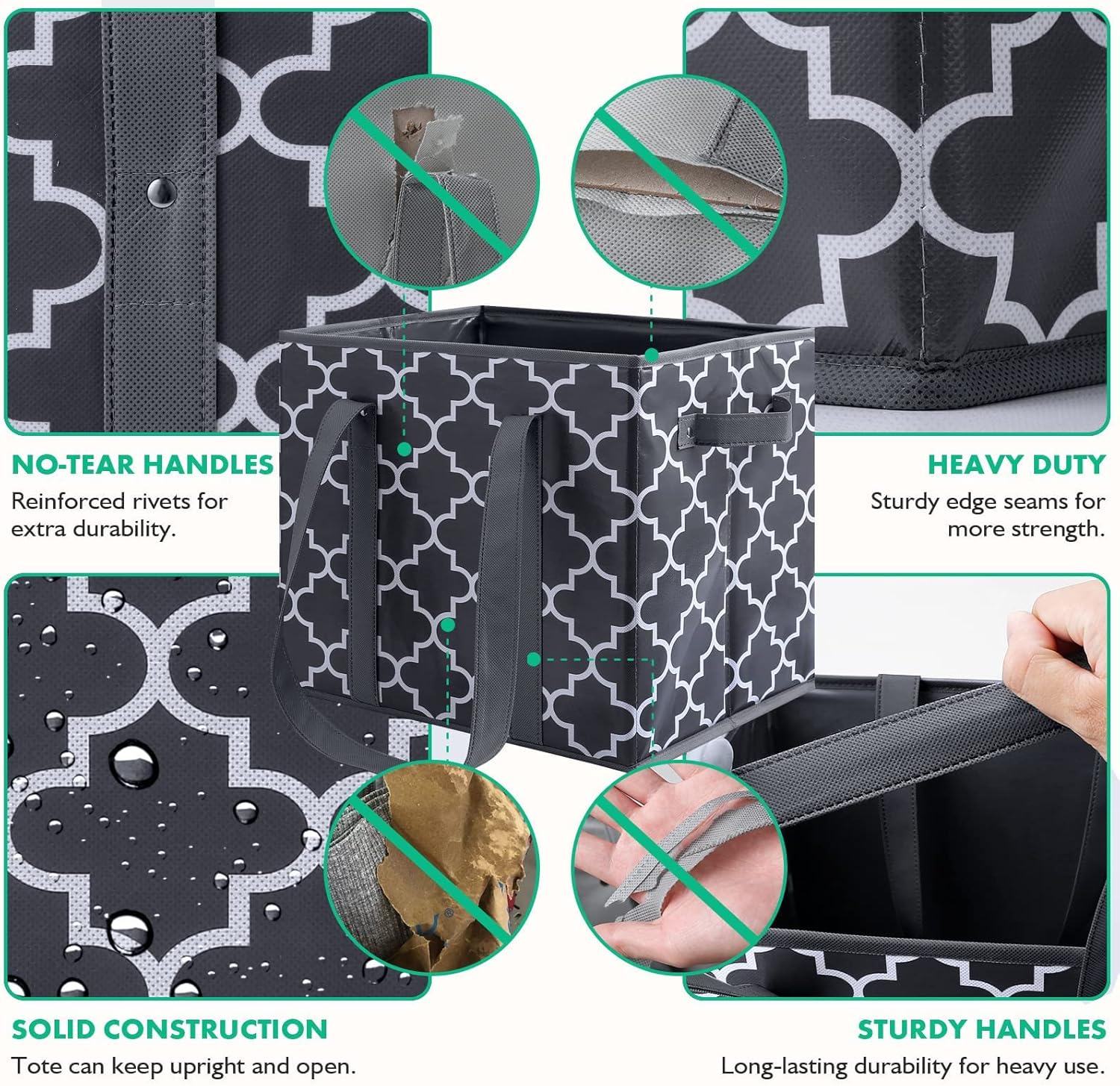 WISELIFE Reusable Grocery Bags 3-Pack Foldable Washable Large Storage Bins Basket Water Resistant Shopping Tote Bag Black