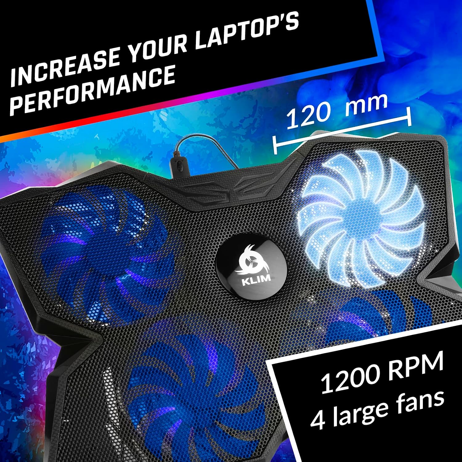 KLIM Wind Laptop Cooling Pad - More Than 500 000 Units Sold - New Version - The Most Powerful Rapid Action Cooling Fan - Laptop Stand with 4 Cooling Fans at 1200 RPM - USB Fan - PS5 PS4 - Blue