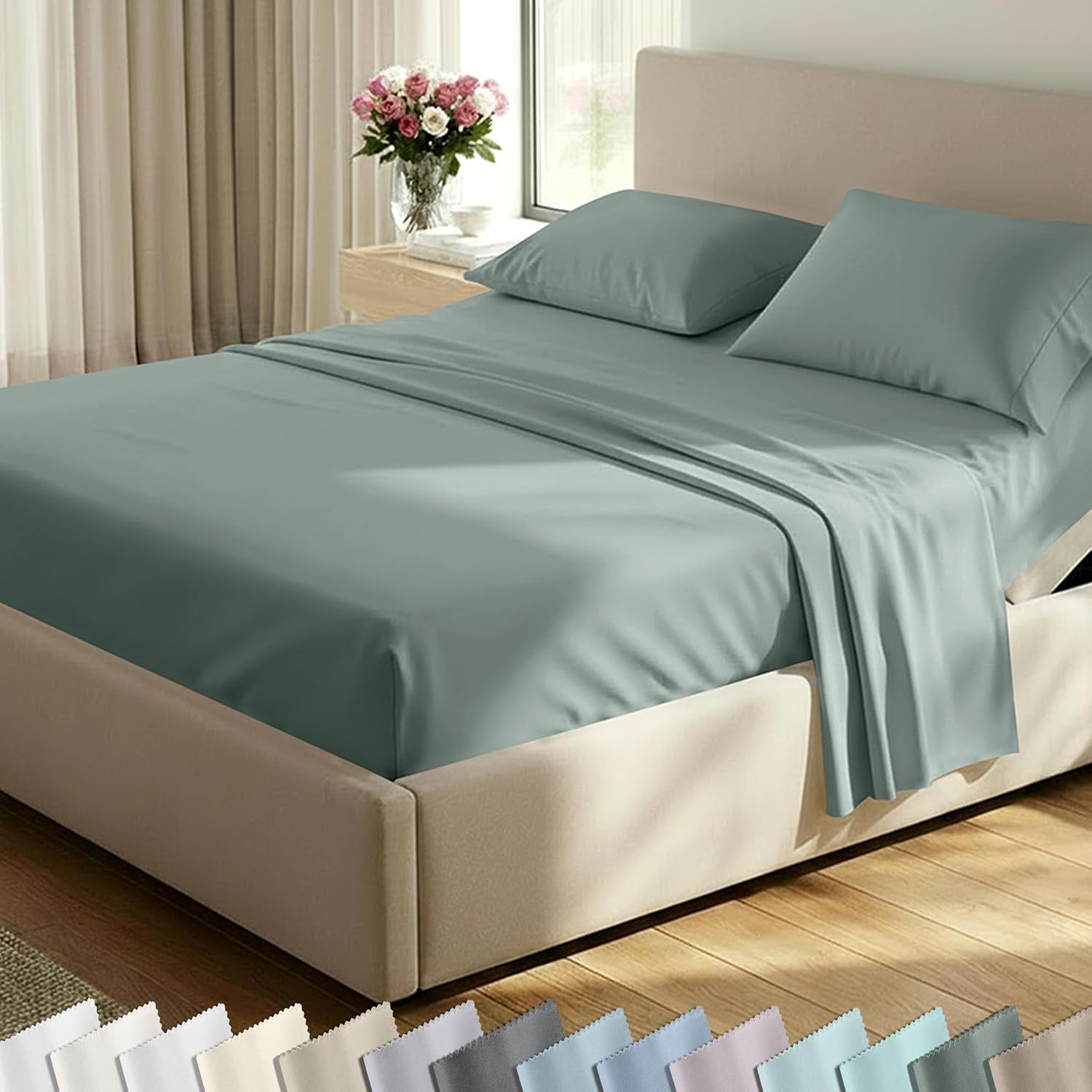 California Design Den Luxury 600 Thread Count Full Size Sheet Sets, Seafoam | 100% Cotton Sateen Backed by Good Housekeeping Seal, Soft & Smooth, 16" Deep Pocket, All-Around Elastic, Durable, Easy Care