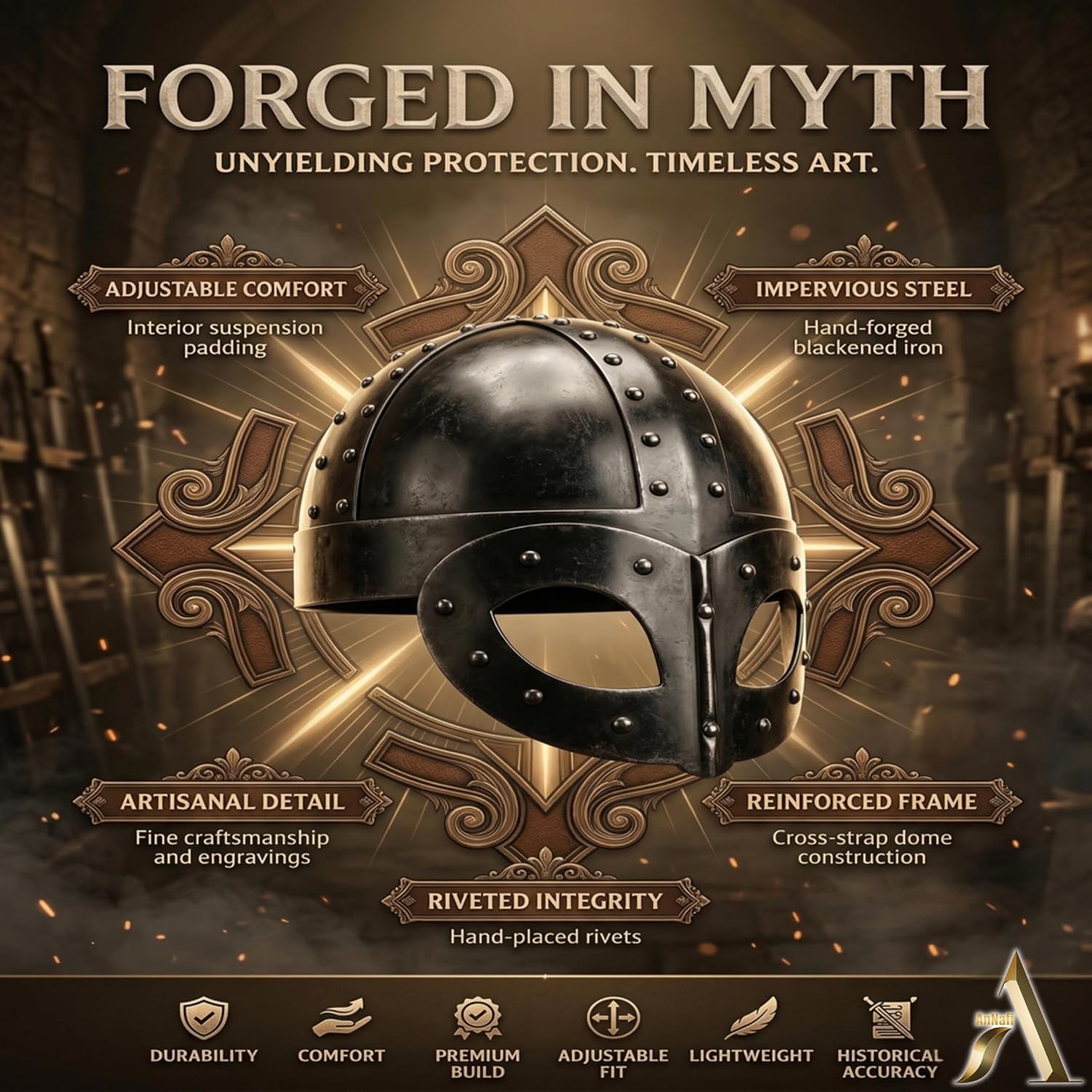 AnNafi® Black Plated Antique Medieval Viking Mask Helmet, Premium Quality Soldier Helm Adult with Liner & Strap