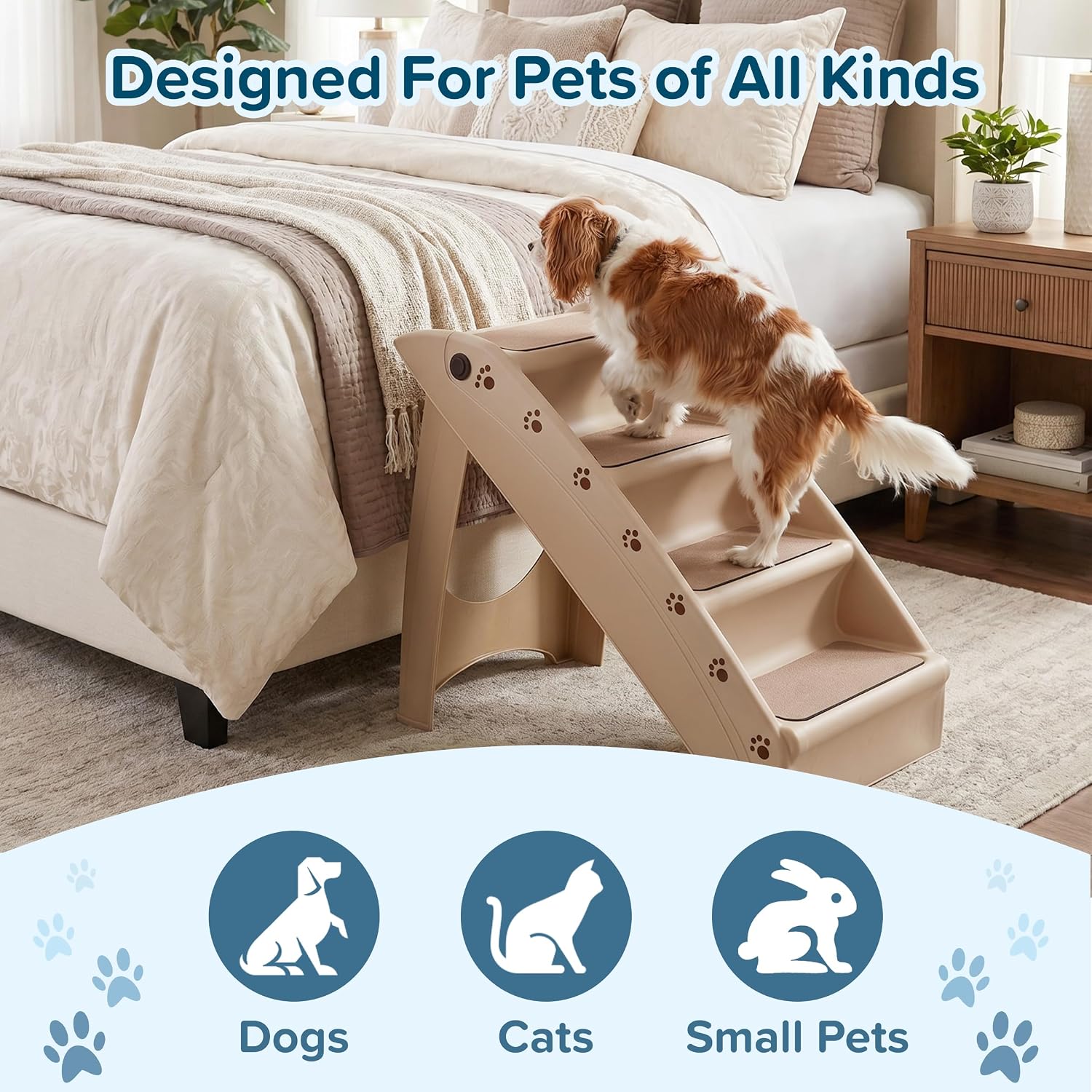 Pet Stairs - Home and Vehicle Foldable Nonslip Dog Steps with 4-Step Design - For Puppies, Kittens, and Other Small Pets by PETMAKER (Tan)