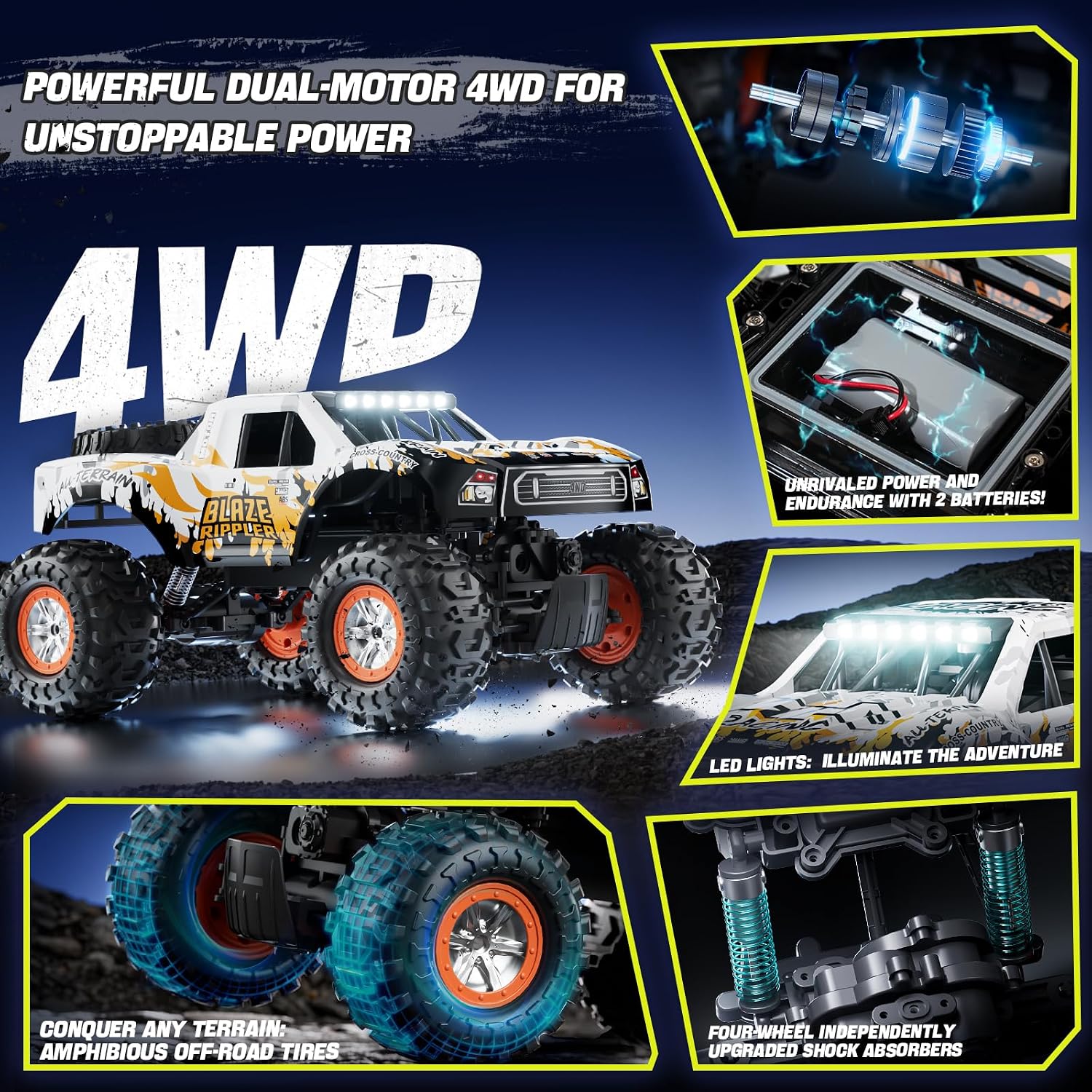 1:10 Amphibious Remote Control Car, 2.4 GHz Waterproof Monster Truck Toys RC Cars, 4WD All Terrain Off-Road Pickup RC Trucks, 2 Batteries 60Mins Play