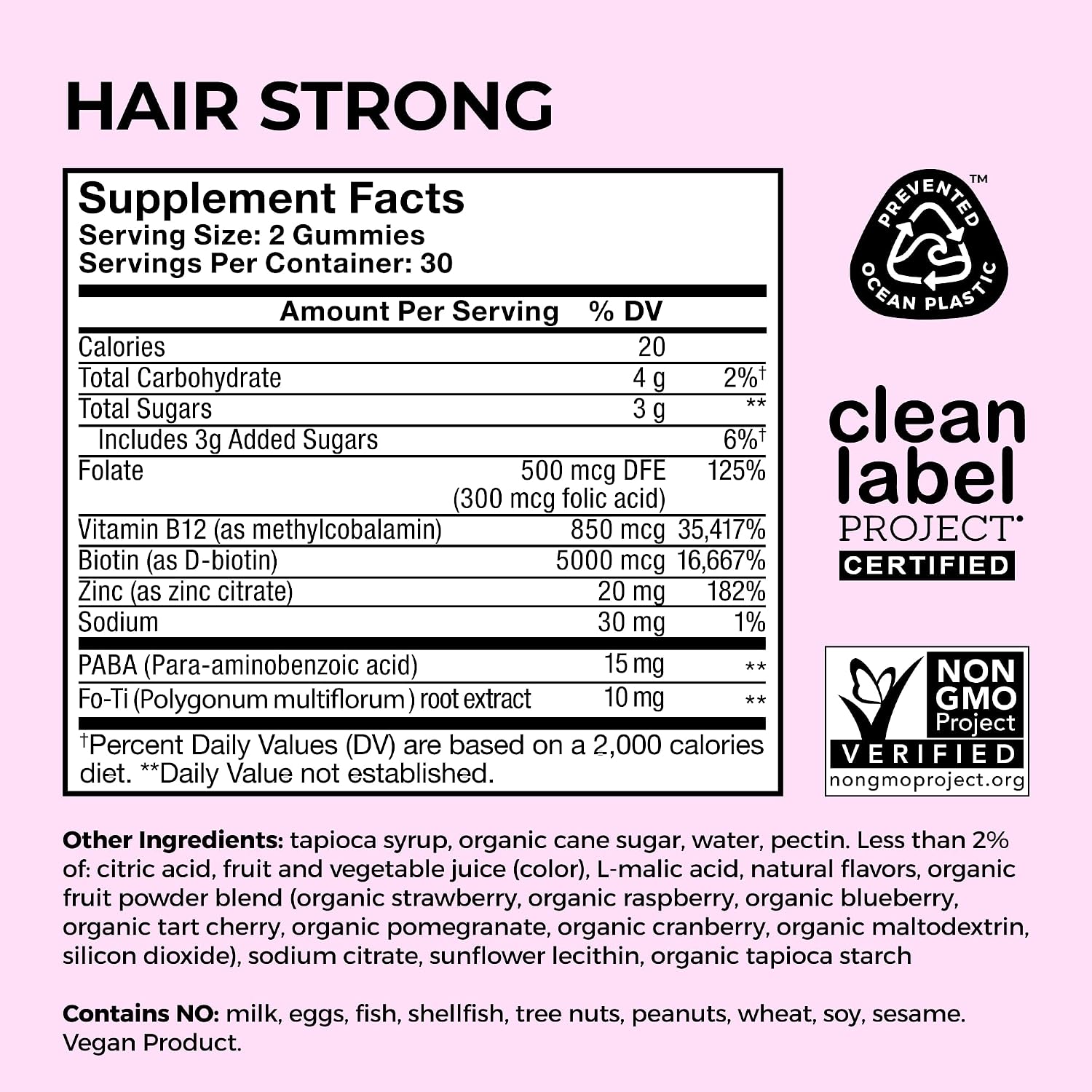 HUM Hair Strong Strawberry Gummies, Hair Growth Support, 60 Count | Folic Acid, Fo-Ti Root Extract, Biotin, Zinc & B12, Vegan Strawberry Gummies, Women & Men