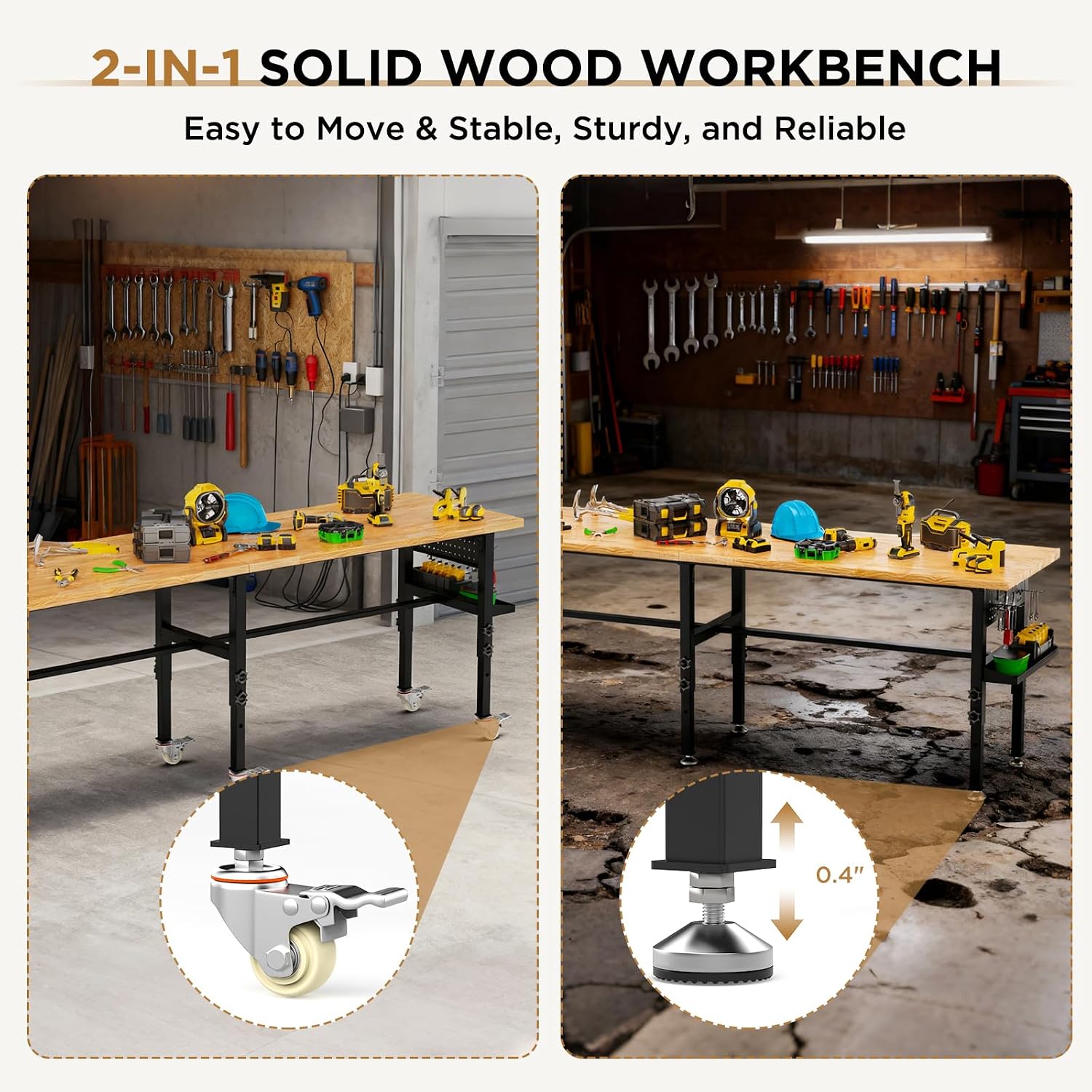 60 Inch Heavy Duty Workbench with Storage Cabinet, Wooden Top, 2000 lbs Capacity, Garage Work Table with Pegboard, Power Outlet, Leveling Feet, Black