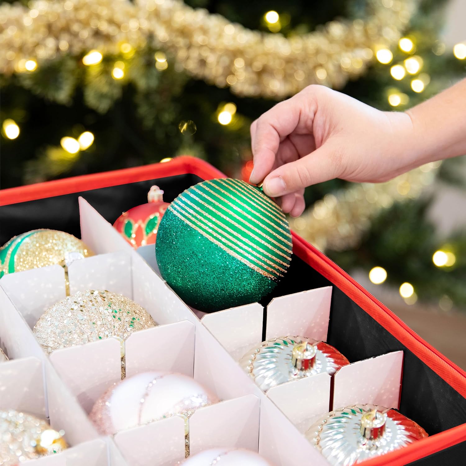Christmas Ornament Storage Container with Dividers - Box Stores Up to 54 Ornaments, Zippered, Convenient, Adjustable