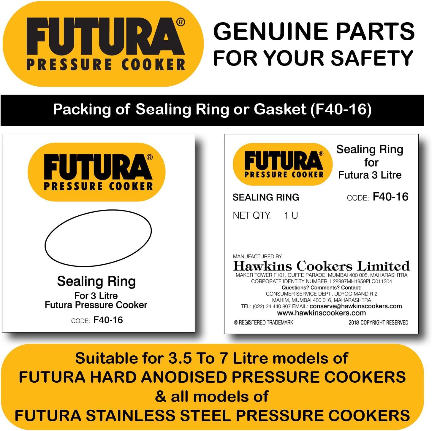 Hawkins Plastic Futura Rubber Gasket For 3L Pressure Cooker And Safety Valve (Black), 3 Liter