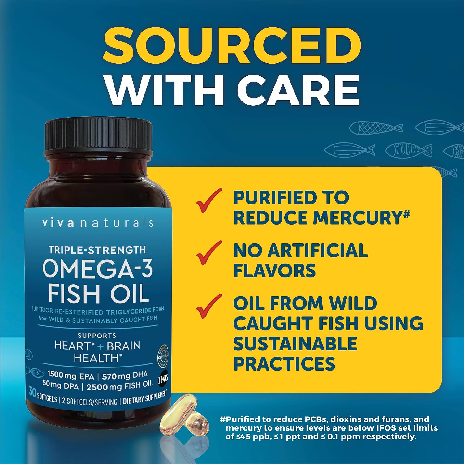 Viva Naturals Triple Strength Omega 3 Fish Oil Pills – 2500 mg High-Potency Formula with 2250 mg Omega 3 Fatty Acids (Including EPA, DHA, DPA) in rTG Form for Absorption – IFOS Certified, 90 Softgels