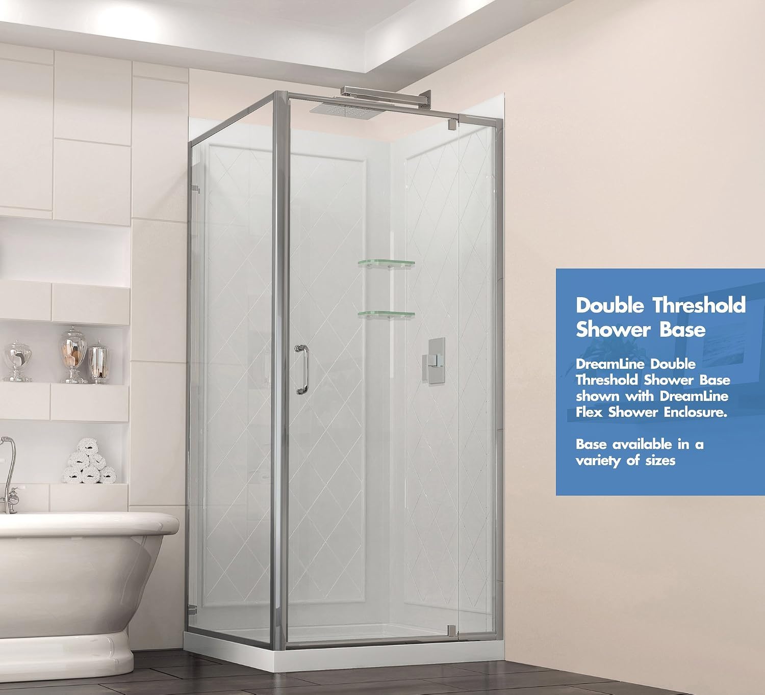 DreamLine SlimLine 34 in. D x 48 in. W x 2 3/4 in. H Right Drain Double Threshold Shower Base in White, DLT-1034482