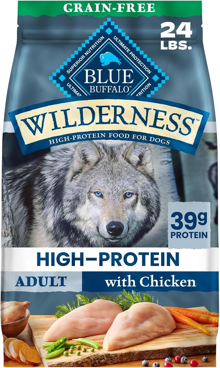 Blue Buffalo Wilderness Chicken Adult Dry Dog Food, Grain-Free, 24 lb | 39g Protein, Real Chicken #1 Ingredient, Supports Immunity with Antioxidant-Rich LifeSource Bits, Promotes Healthy Muscles
