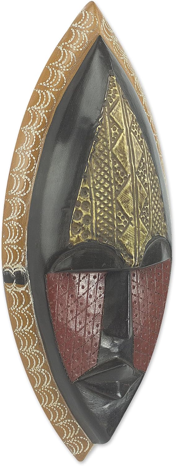 NOVICA Black and Red Sese Wood African Wall Mask with Brass Accents, 'A Peace Blessing'