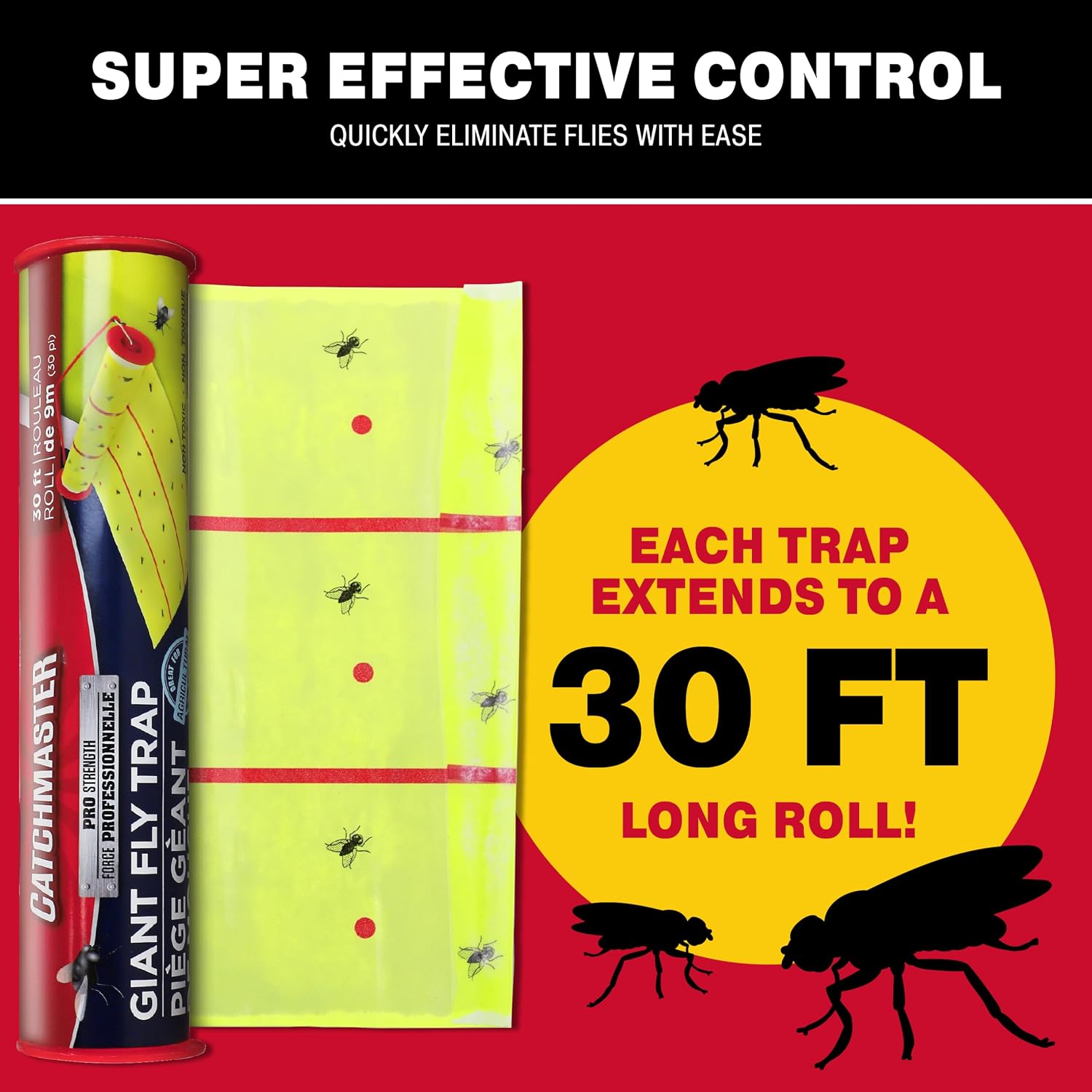 Catchmaster Giant Fly Glue Trap 3-Pack 30 Feet Each, Adhesive Fly Traps Outdoor, Sticky Bug Catcher, Bulk Flying Insect Paper Roll