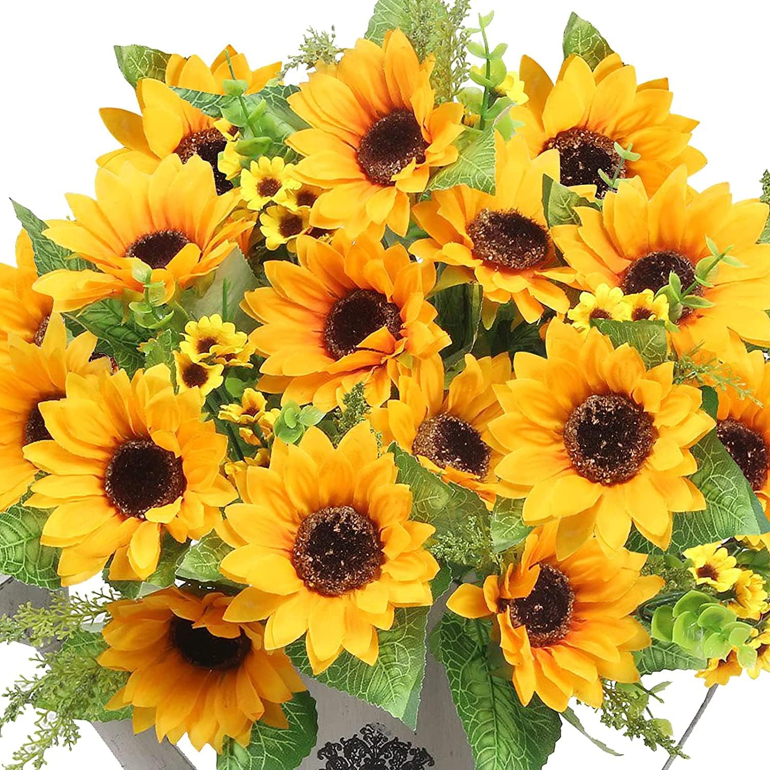 AmyHomie Artificial Sunflowers for Outdoors Fall Decor, 2 Bouquets | Garden, Patio, Wedding, Home, Centerpieces, Vase, UV Resistant, No Water